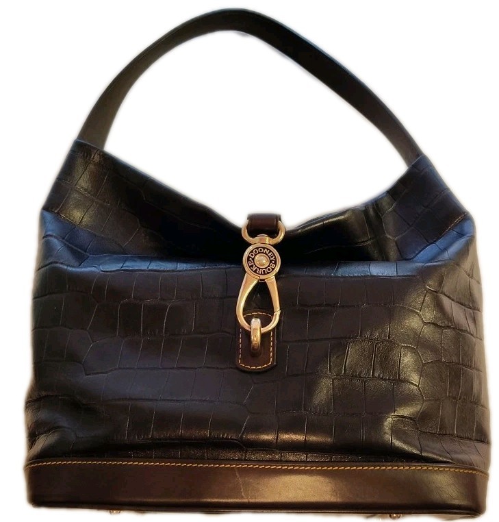 Dooney & Bourke Black With Brown Trim Croc Embossed Leather Logo Lock Hobo Bag