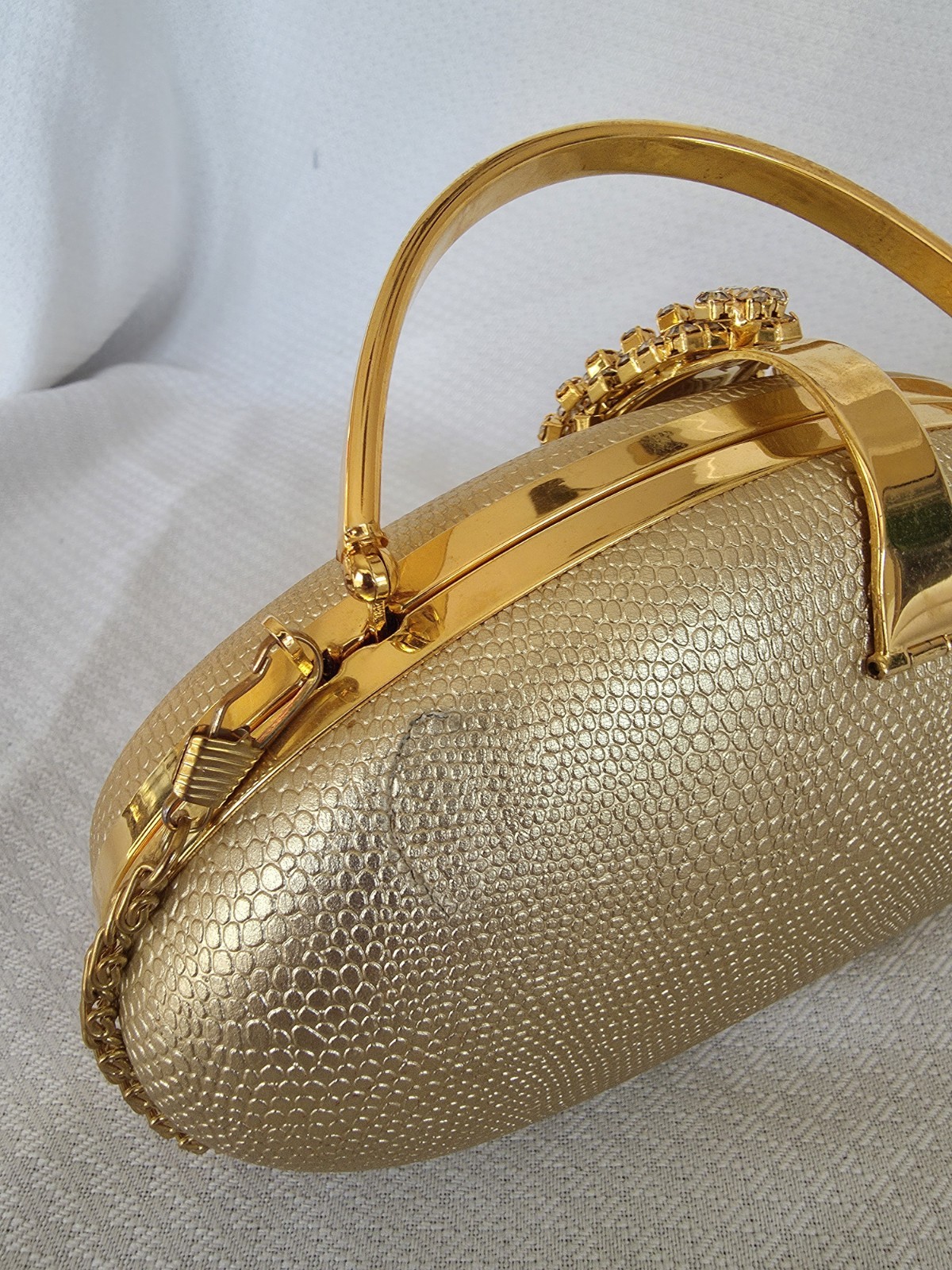 Gold Metalic Clutch Purse With Rhinestone Latch