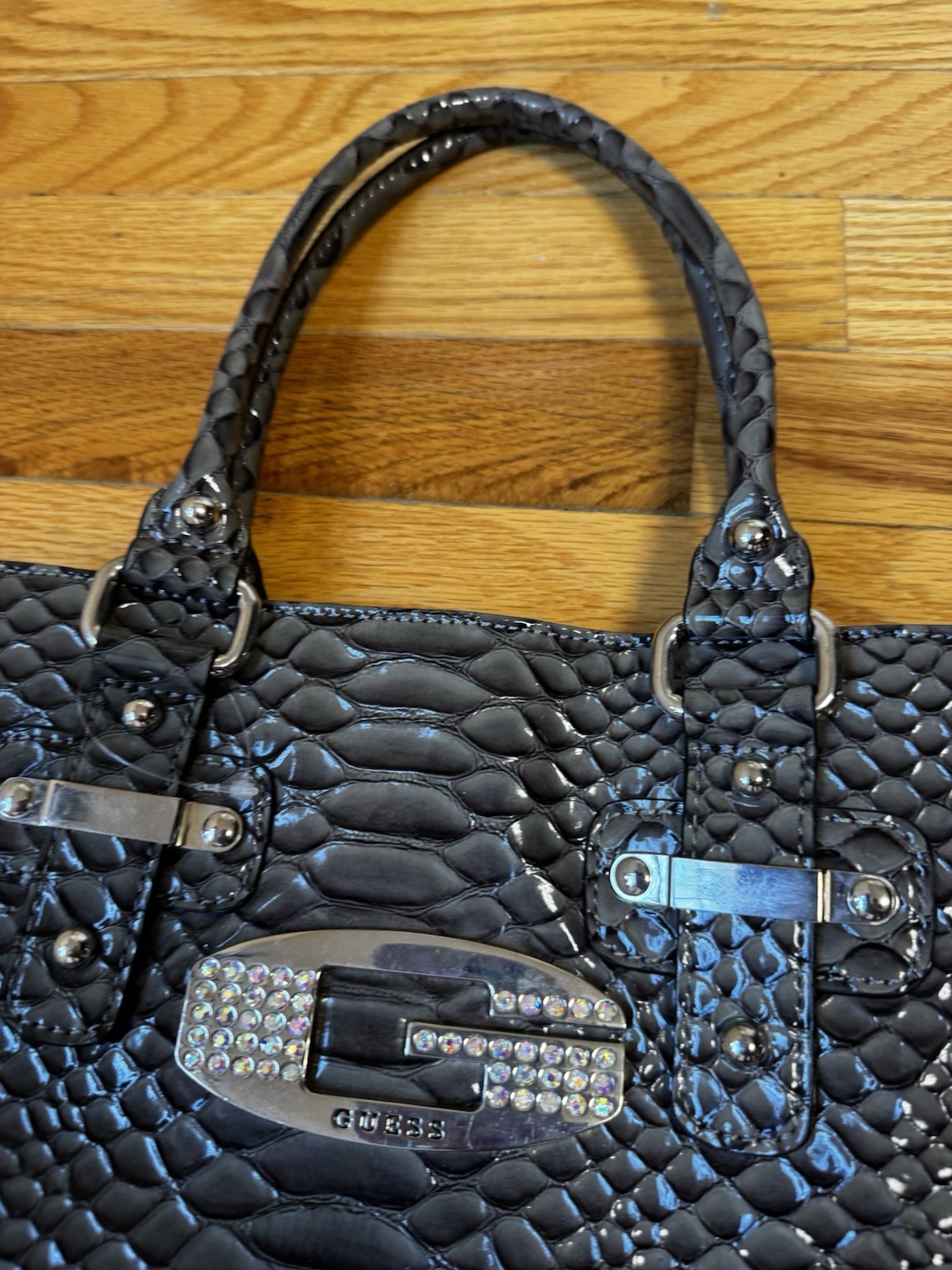 Guess Black Croc Embossed Tote Shoulder Bag Rhinestone Logo Large Purse