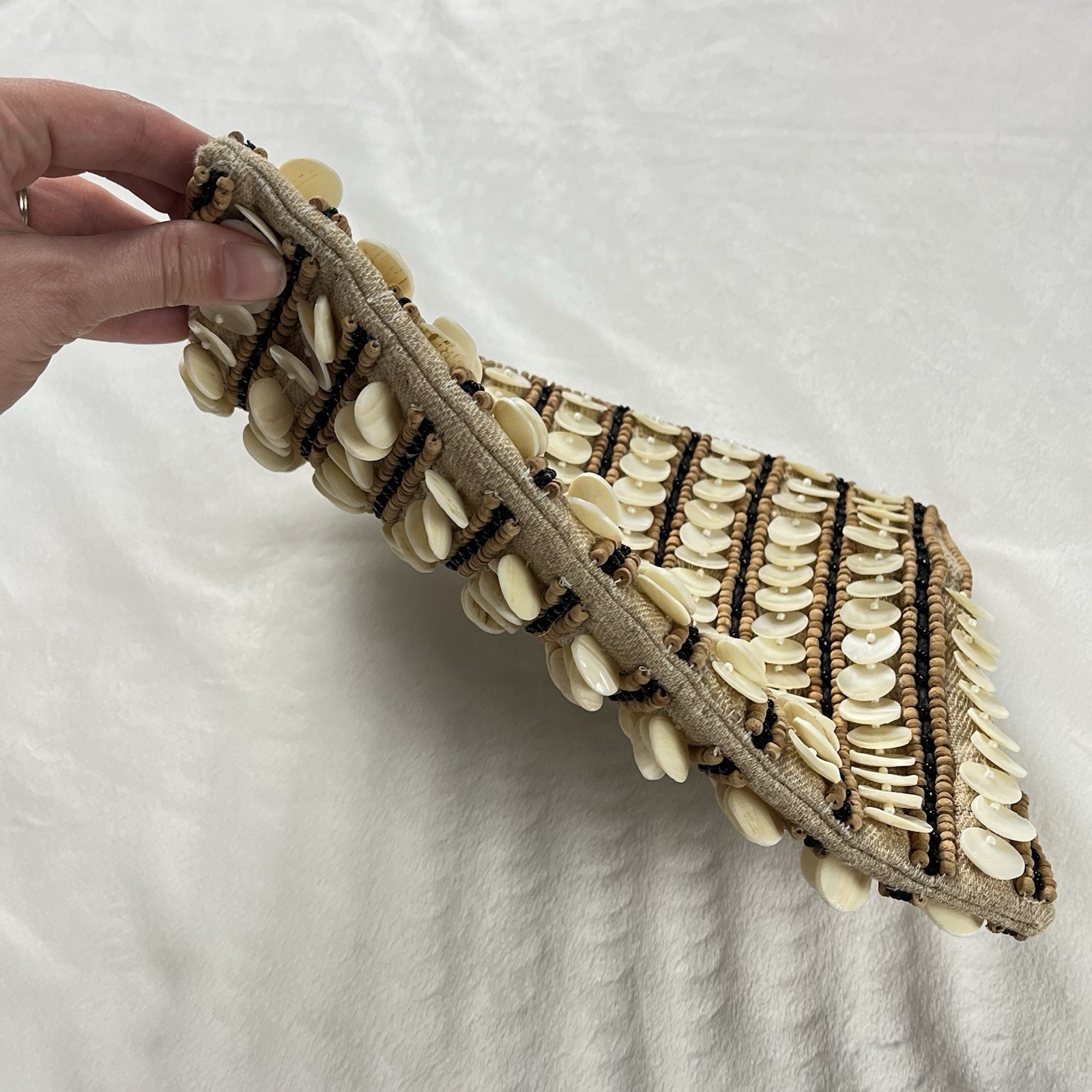 Moyna Mother of Pearl Beaded Clutch Purse Tan Silver Accents
