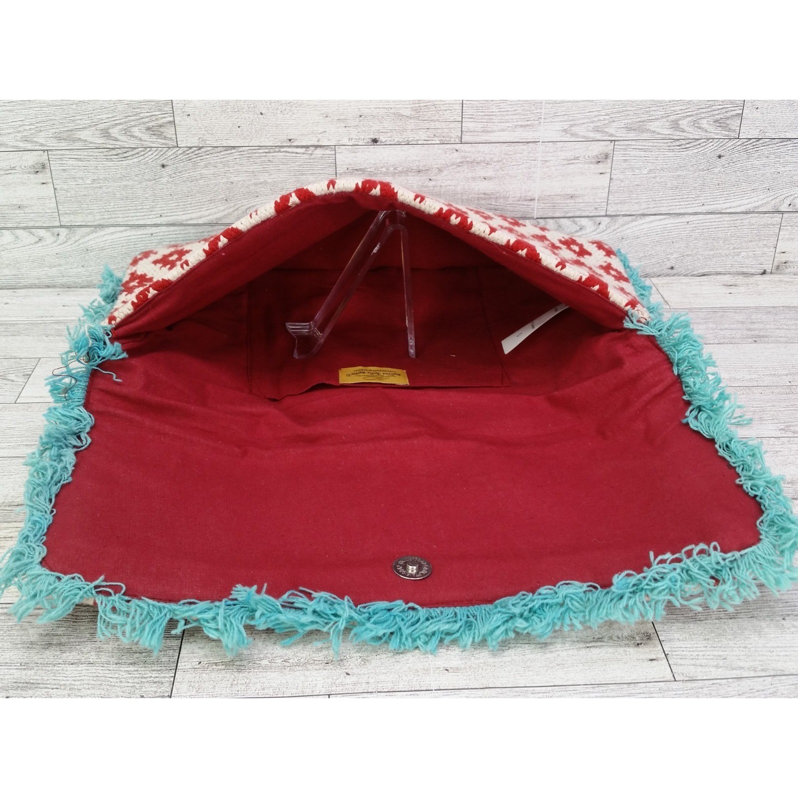 Roberta Freymann Roller Rabbit Red Teal Geometric Boho Clutch Bag Purse Fringe