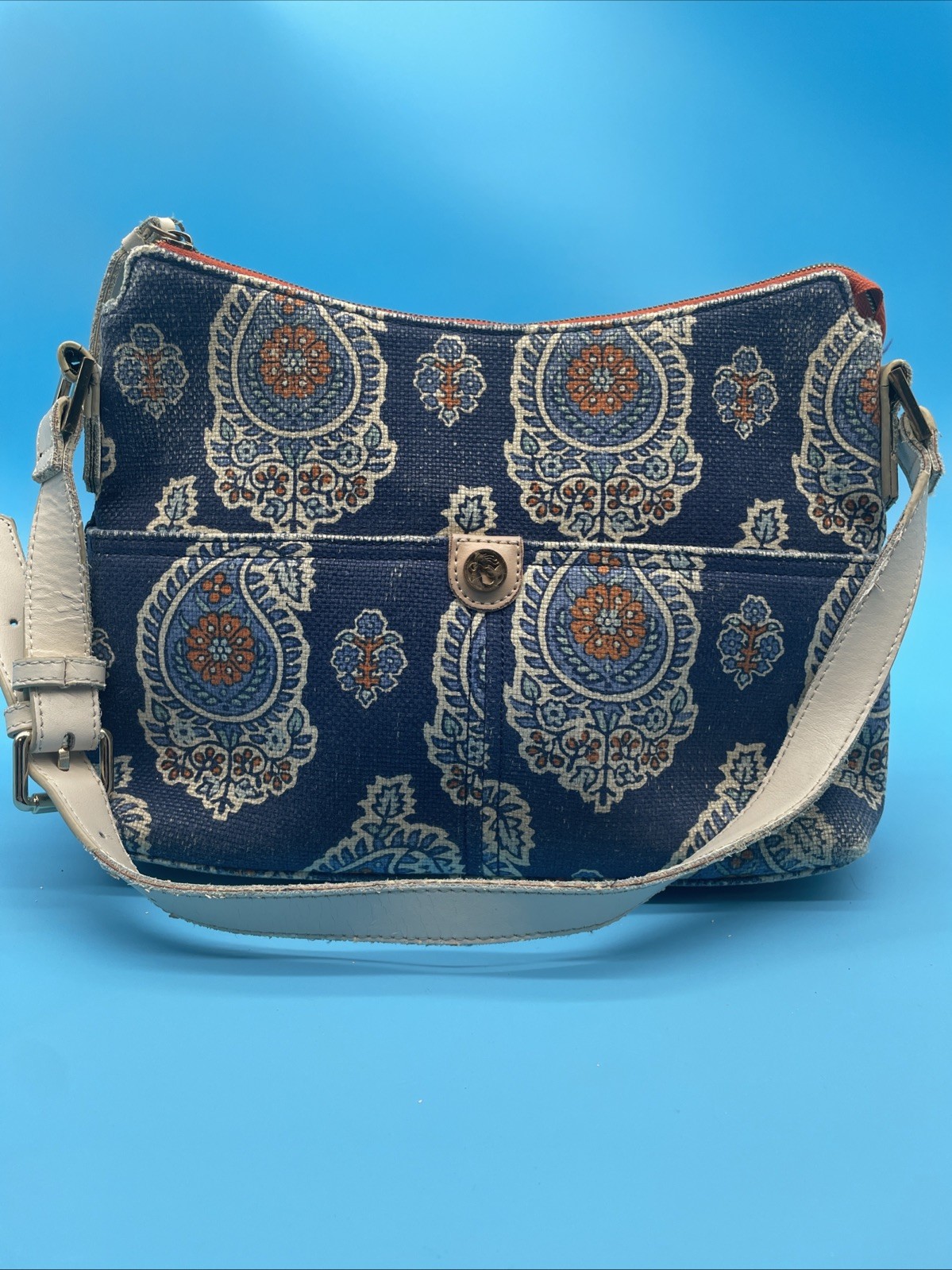 Spartina 449 Bag Purse Daufuskie Island Linen Leather Blue Orange Paisley *Read