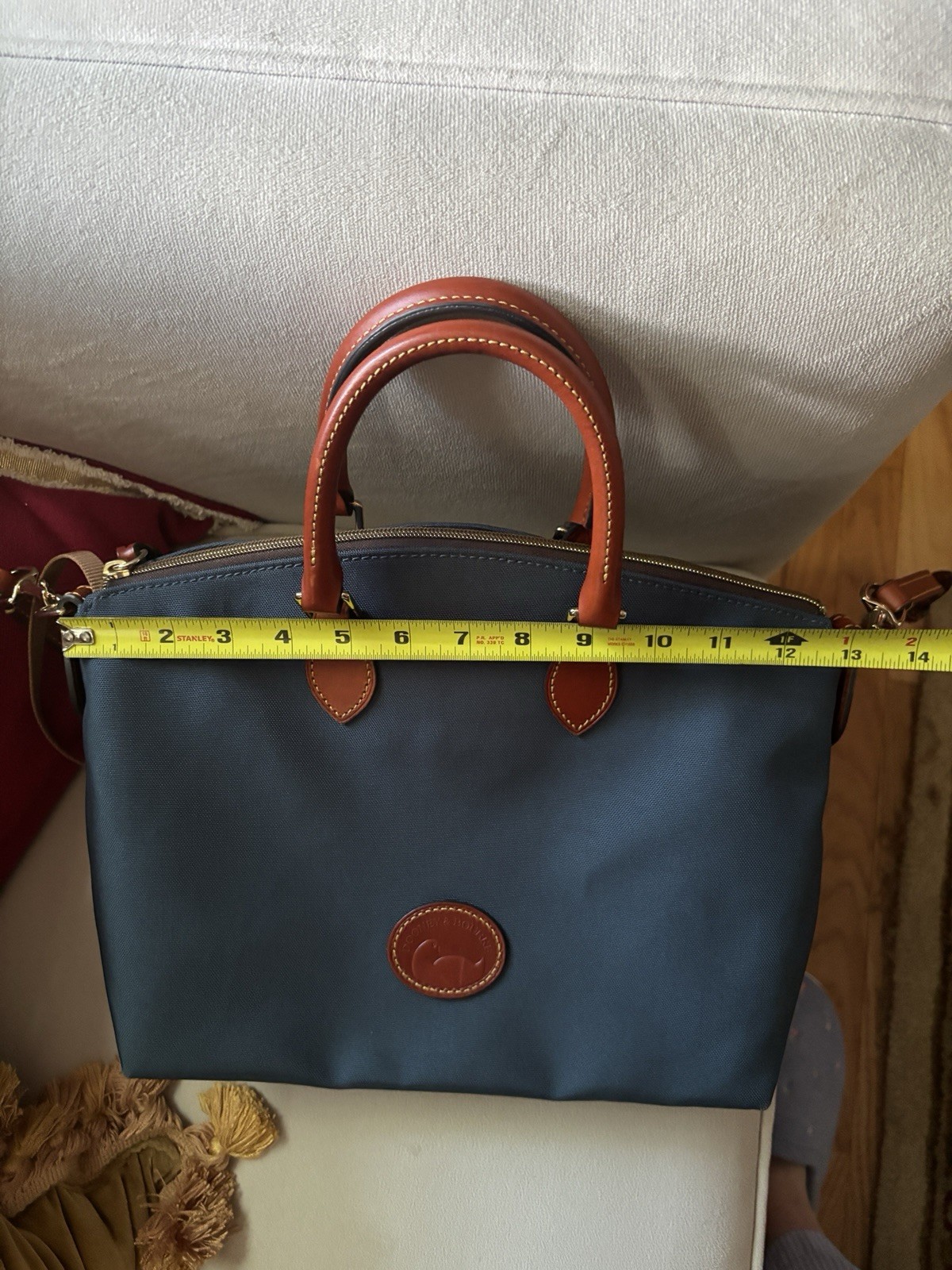 Dooney & Bourke Nylon Satchel: Blue/Dark Green Teal w/Brown Leather Trim