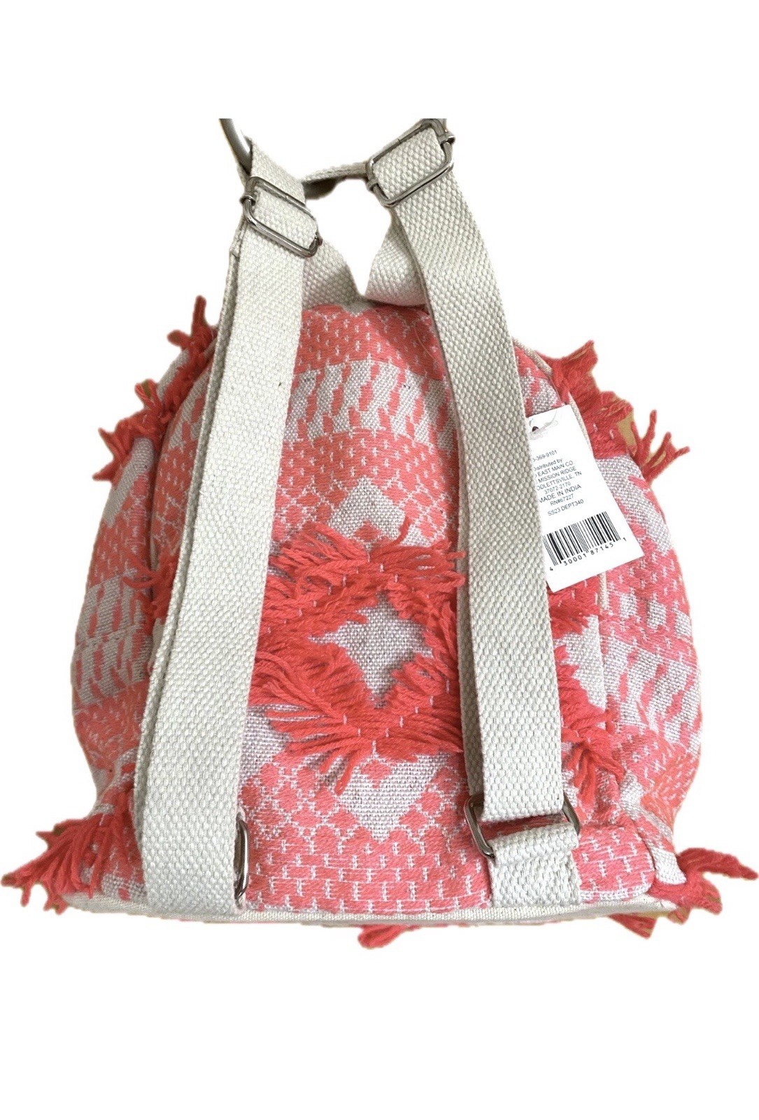 New Small Backpack Purse Travel Bag Neon Pink & Linen Canvas Fabric Zip Closure