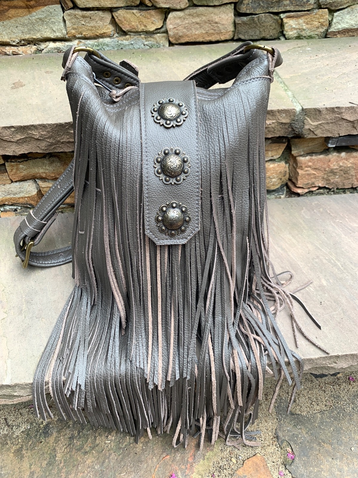 Taupe pebble leather boho Southwest festival LONG fringe crossbody bag