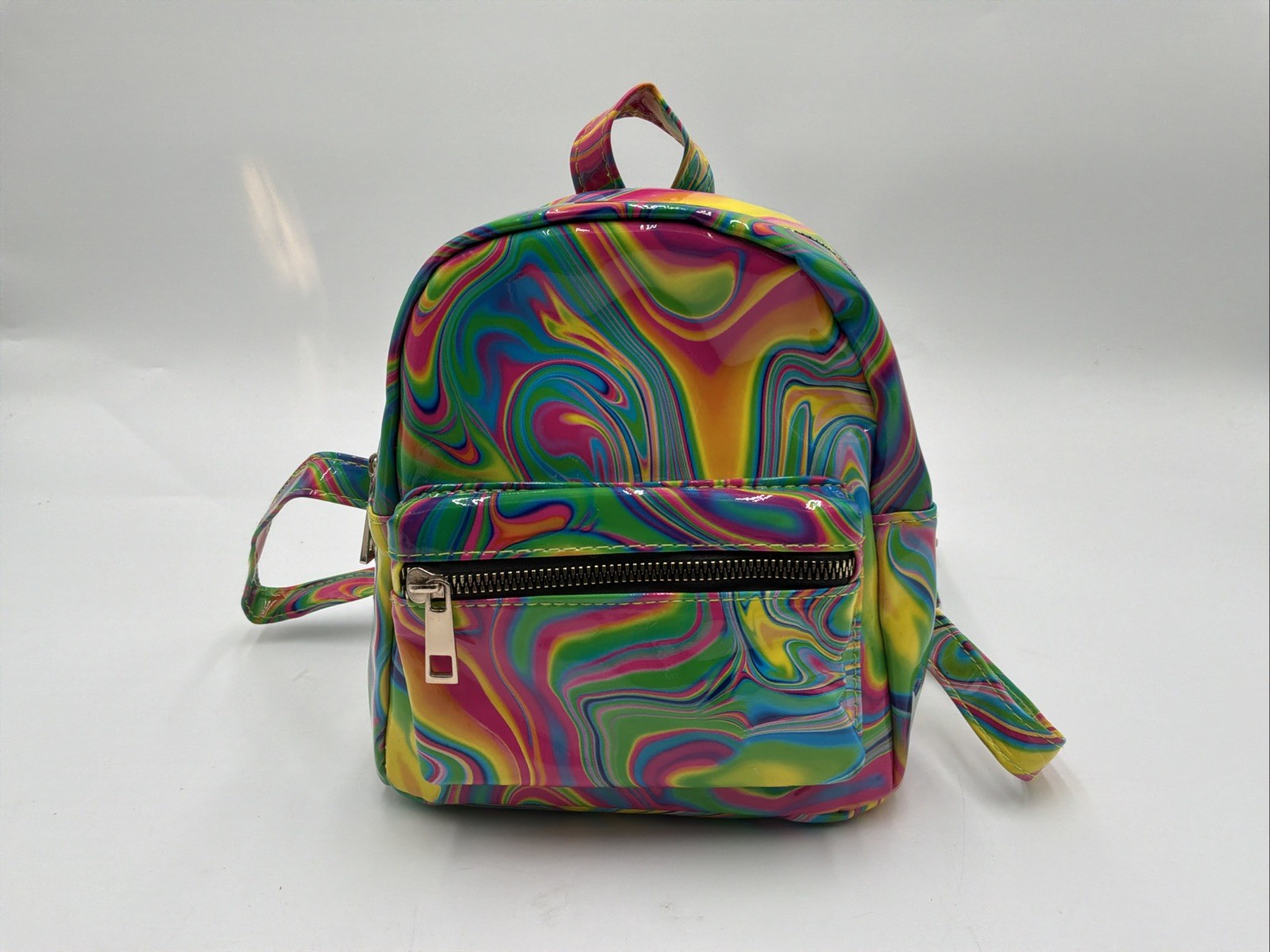 Psychedelic Swirl Mini Backpack Multicolor Glossy Faux Vinyl Festival Bag