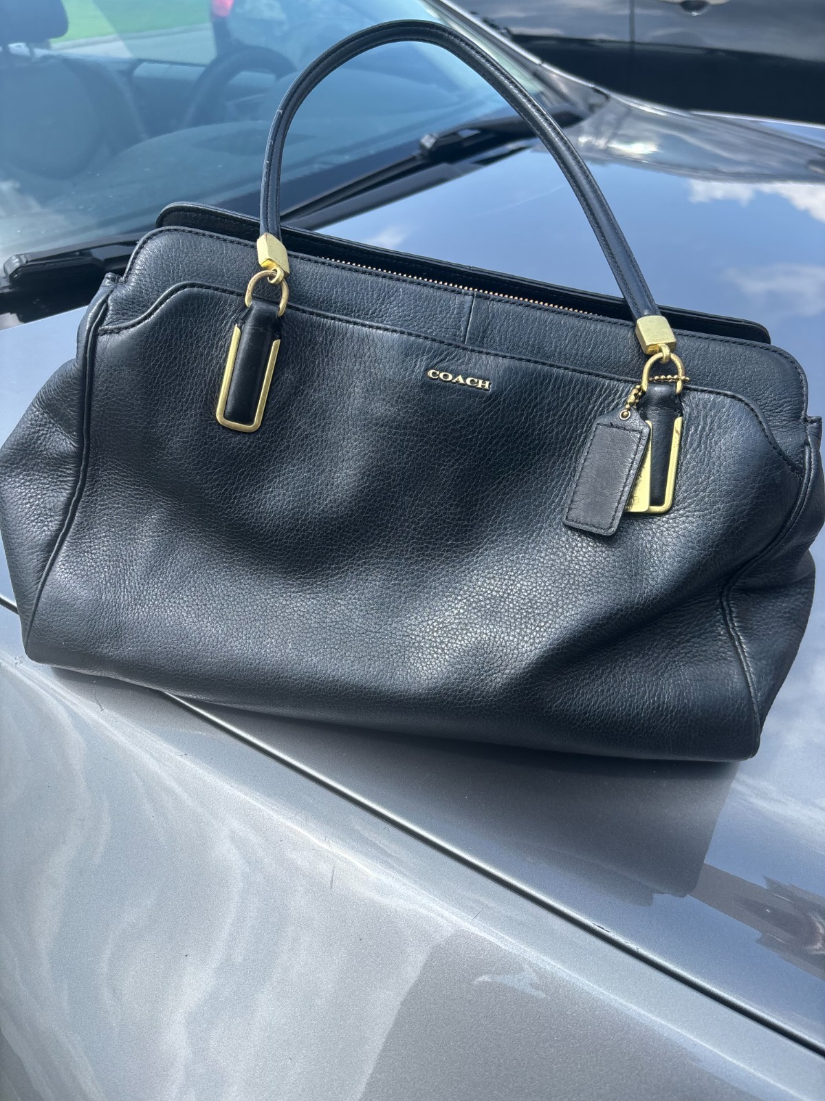 Coach Madison Kimberly Black Peeble Leather Purple Interior Carryall bag