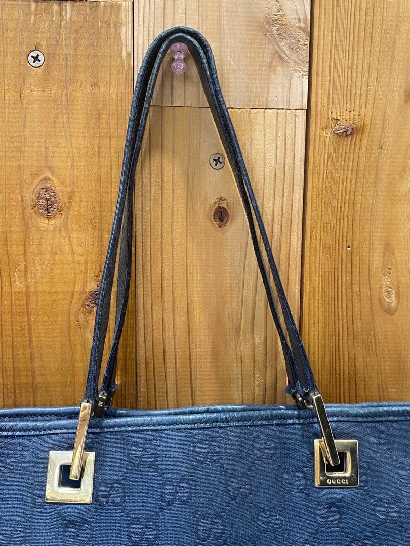 GUCCI Canvas Tote Bag Black Women Auth 14.17 x 12.20 x 4.33inch