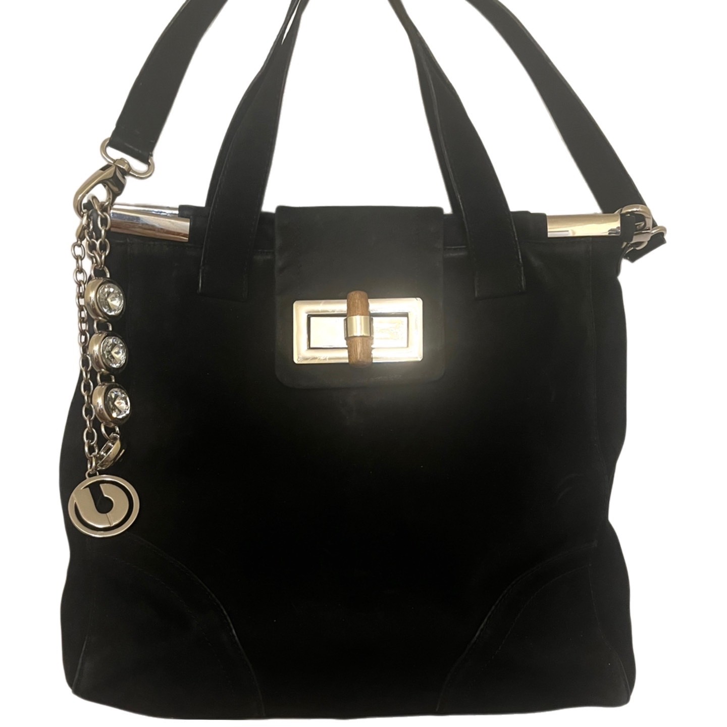 Authentic Vintage Charles Jourdan Black Suede Frame Tote with Bamboo Turn Lock