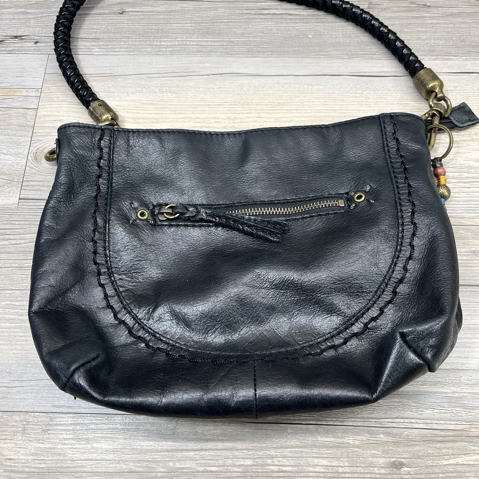 The SAK Black Soft Leather Hobo Bag Braided/Woven Shoulder Strap Purse Handbag