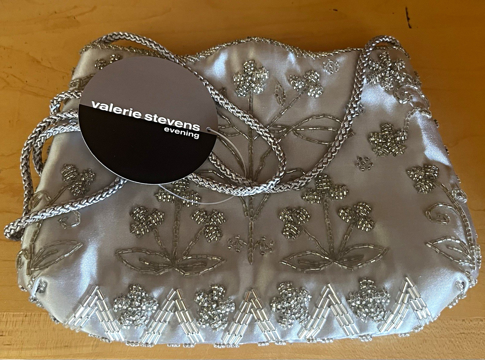 Valerie Stevens Silver Beaded Floral Rectangle Shoulder Bag Snap Closure, Lined
