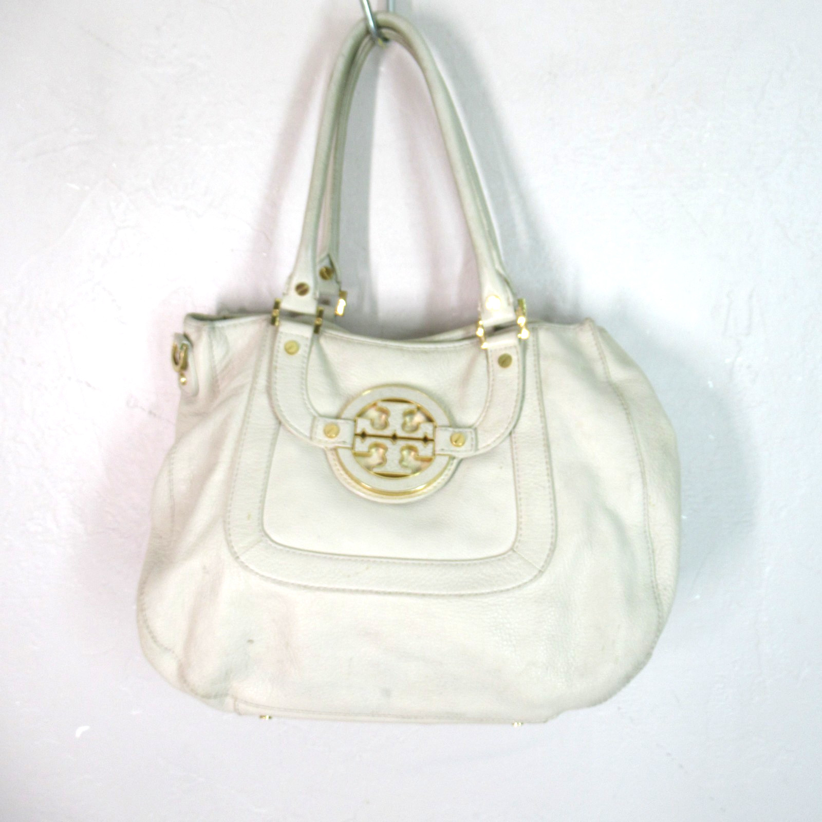 Tory Burch Amanda Satchel Off White Pebble Leather Slouchy Mirror No Xbody Strap