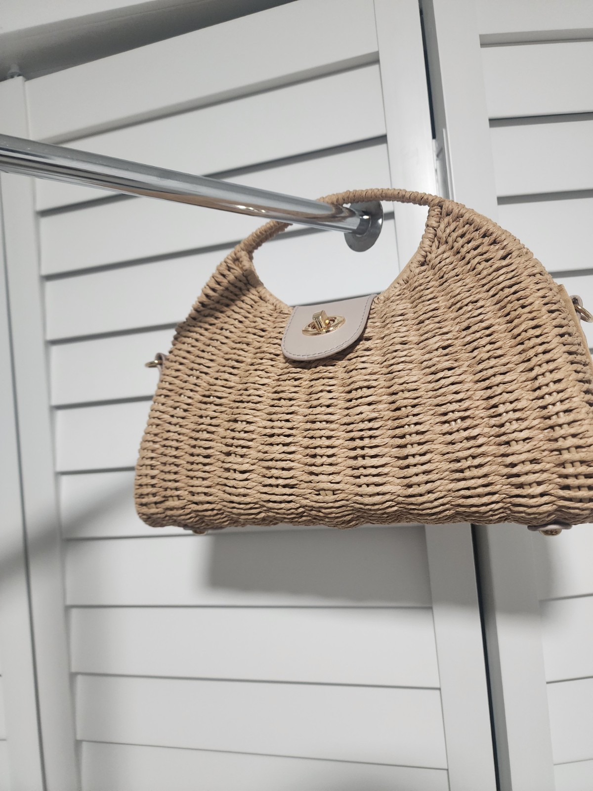 Beige Woven Satchel Top Handle Bag, Turn Lock, Detachable Strap, Gold