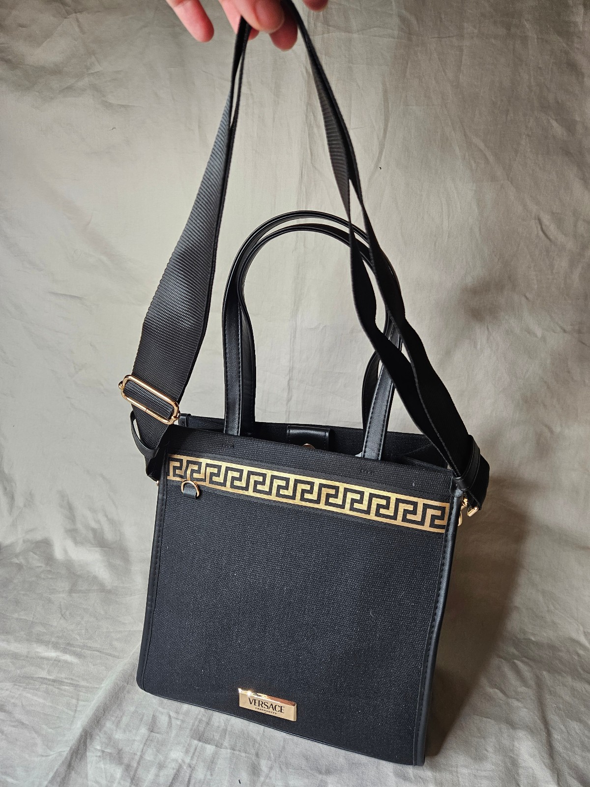 Versace Institutional Tote Bag Crossbody Handbag Black Gold Travel Womens NEW