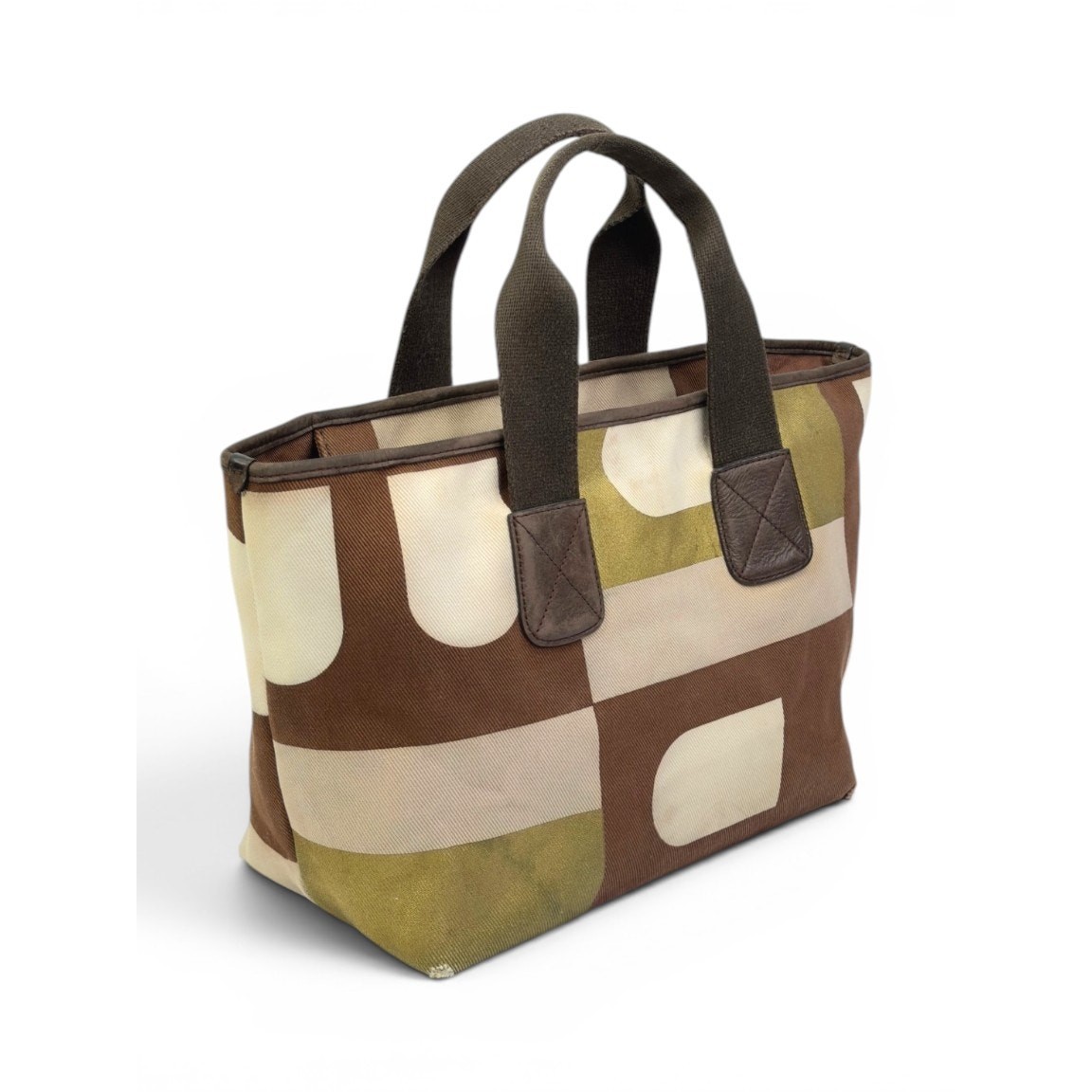 Vintage Bally Geometric Print Canvas Brown Cream Green Y2K Tote Bag