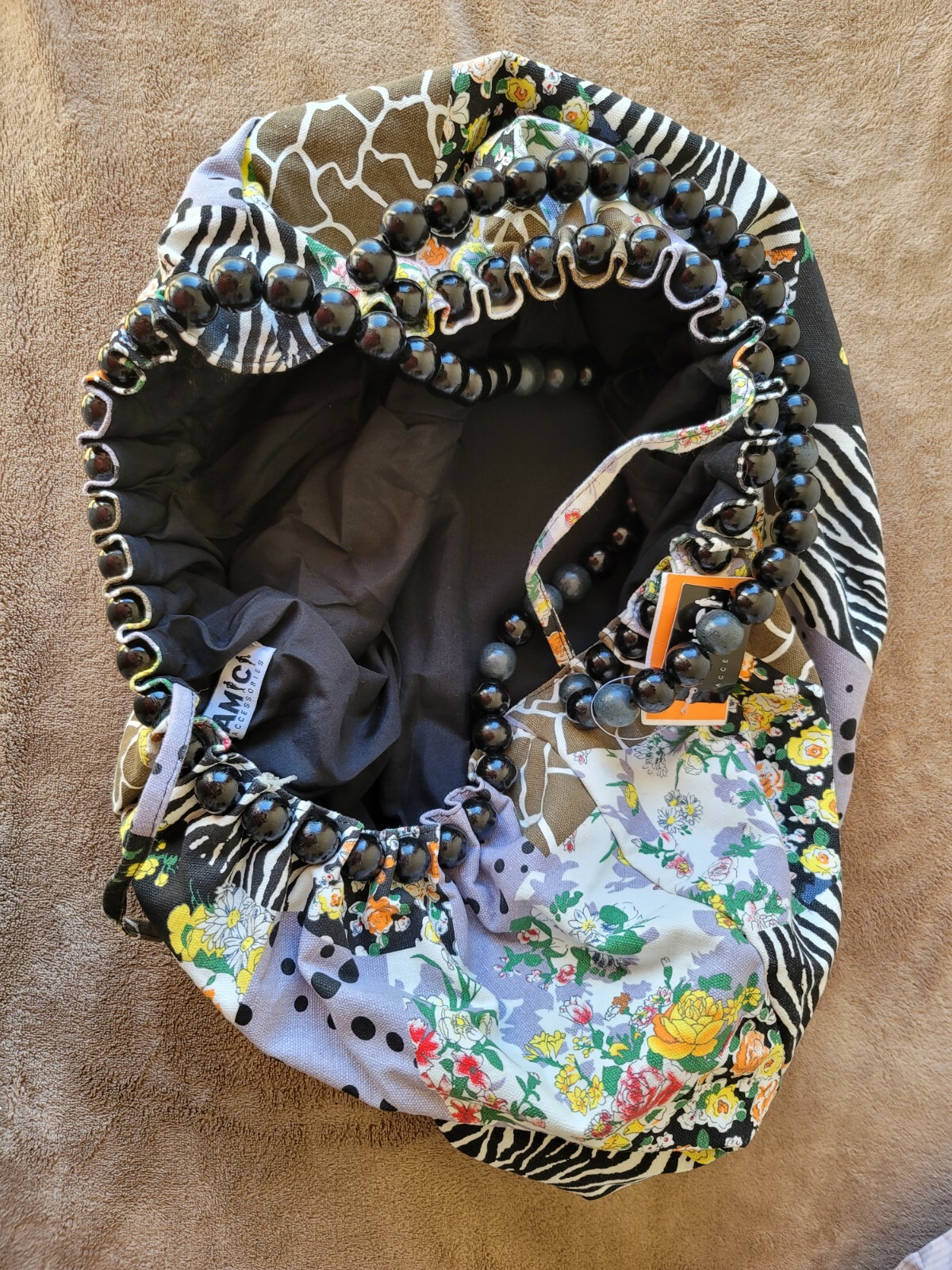 Large Floral Print Black Lined Hand Bag With Beaded Handle By Amici Accessories