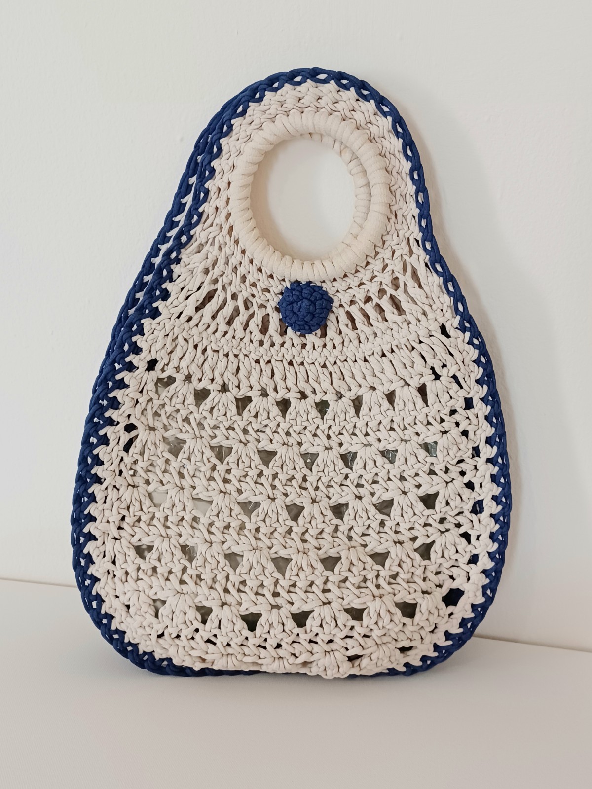White/Navy Ladies Hand Bag Hand Knitted Cotton Yarn by Marina Gershman