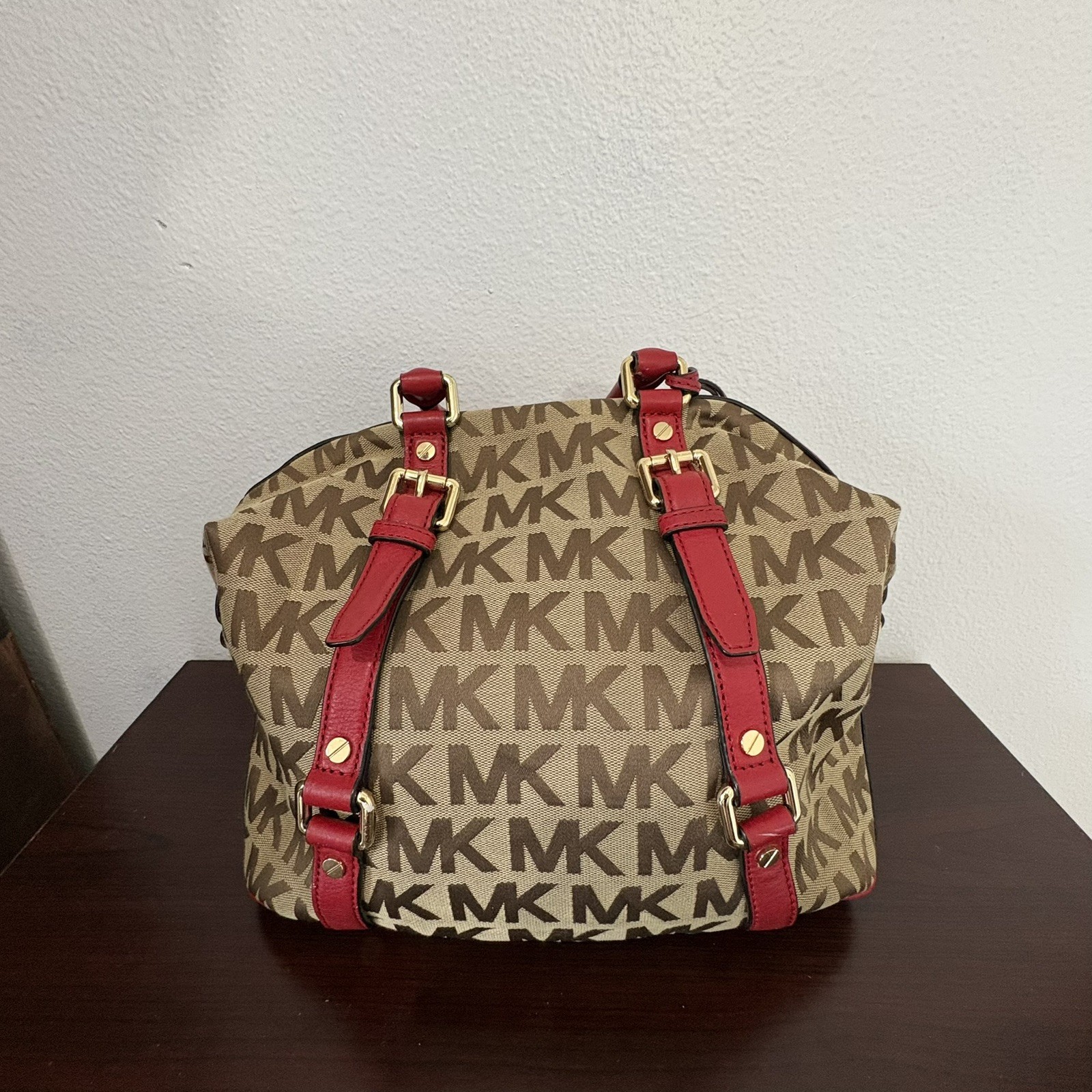 VINTAGE MICHAEL KORS Beige/Red Canvas Brookville tote handbag(OBO)