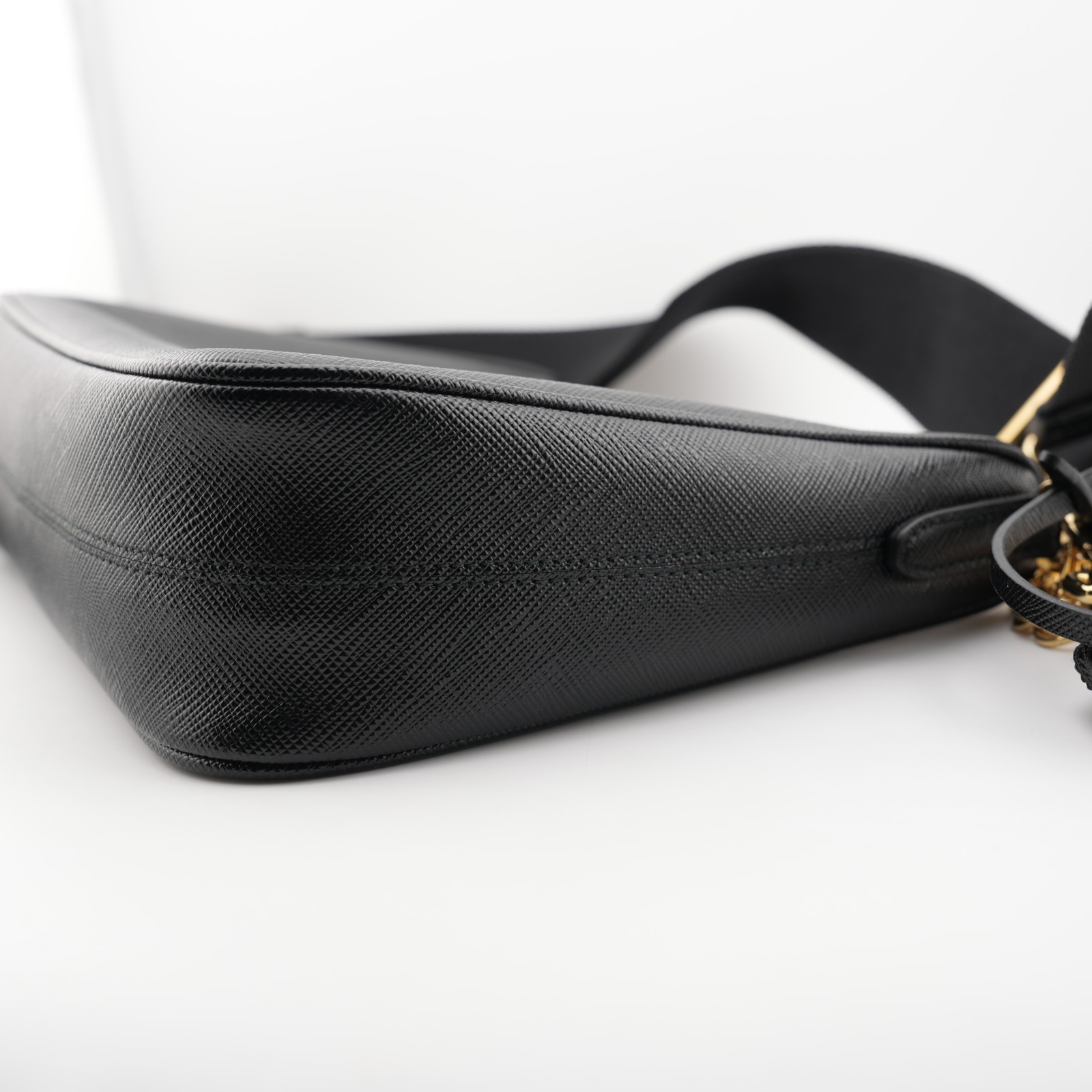 PRADA Re-Edition 2005 Black Gold Saffiano Leather Shoulder Bag with Pouch