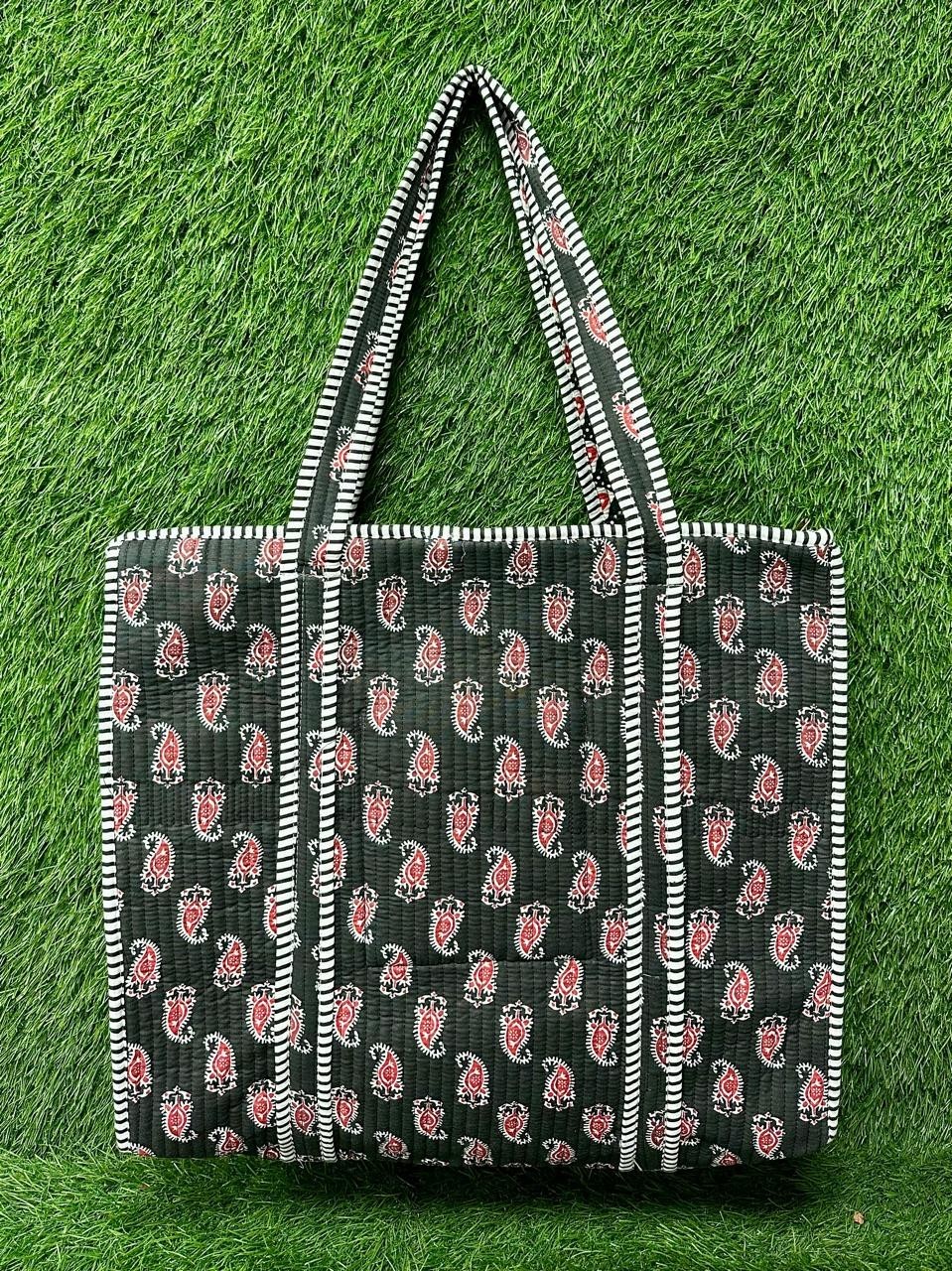 Black Floral Quilted Tote Bag Indian Hand Block Print Handbag Woman’s Market Bag