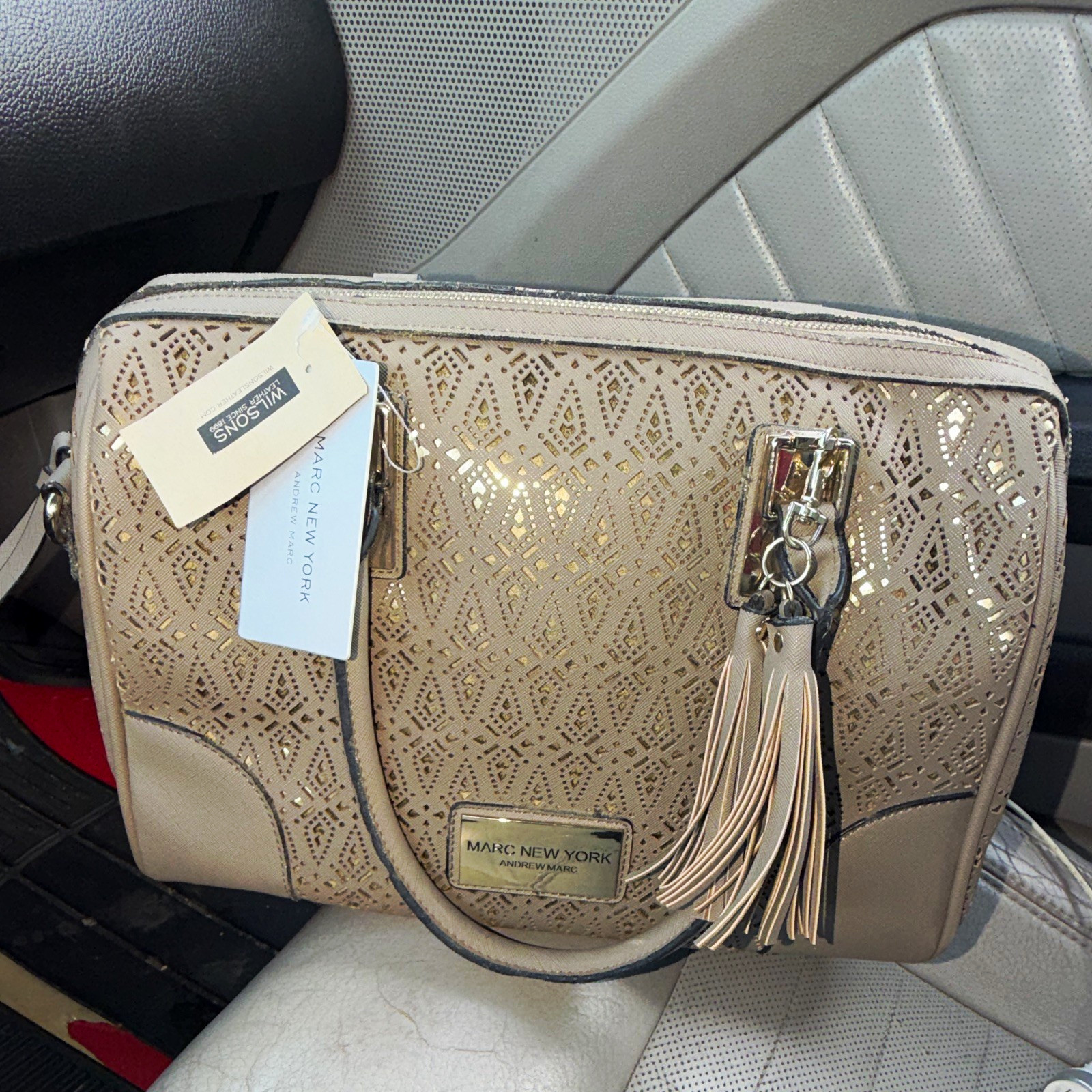 Marc New York Beige Small Satchel Top Handle Geometric Perforated Zip Tassel