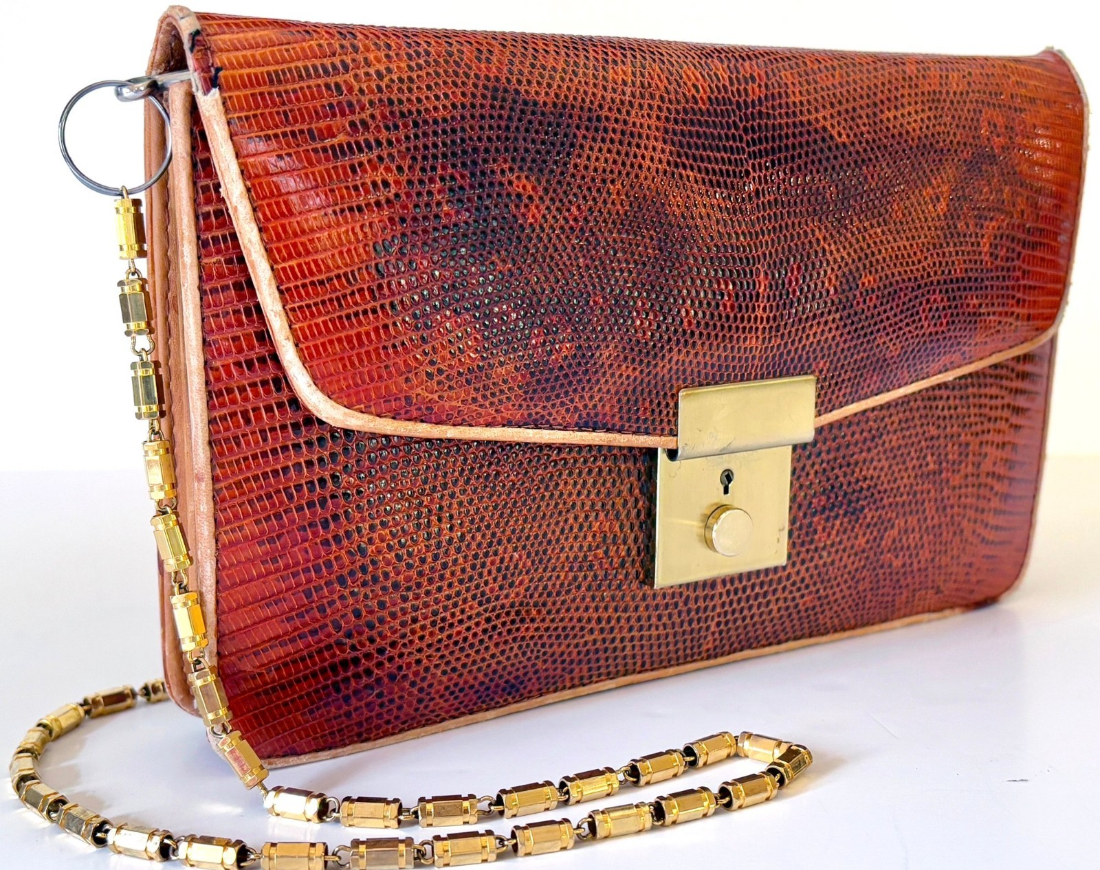 Vintage Brown Snakeskin Leather Clutch Shoulder Bag Gold Chain Evening Purse