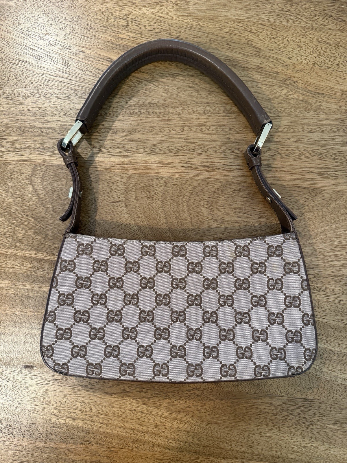 Gucci GG Monogram Mini Pochette Shoulder Bag Brown/Beige Zip Closure w/ Dusty