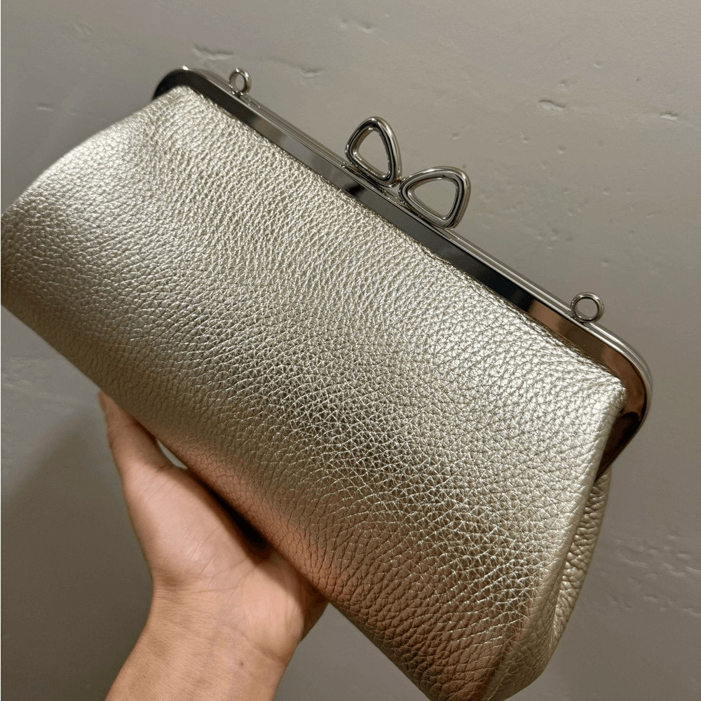 Gold Togo Cowhide Calfskin Handmade Bow” Shaped Kisslock Baguette Bag/Crossbody