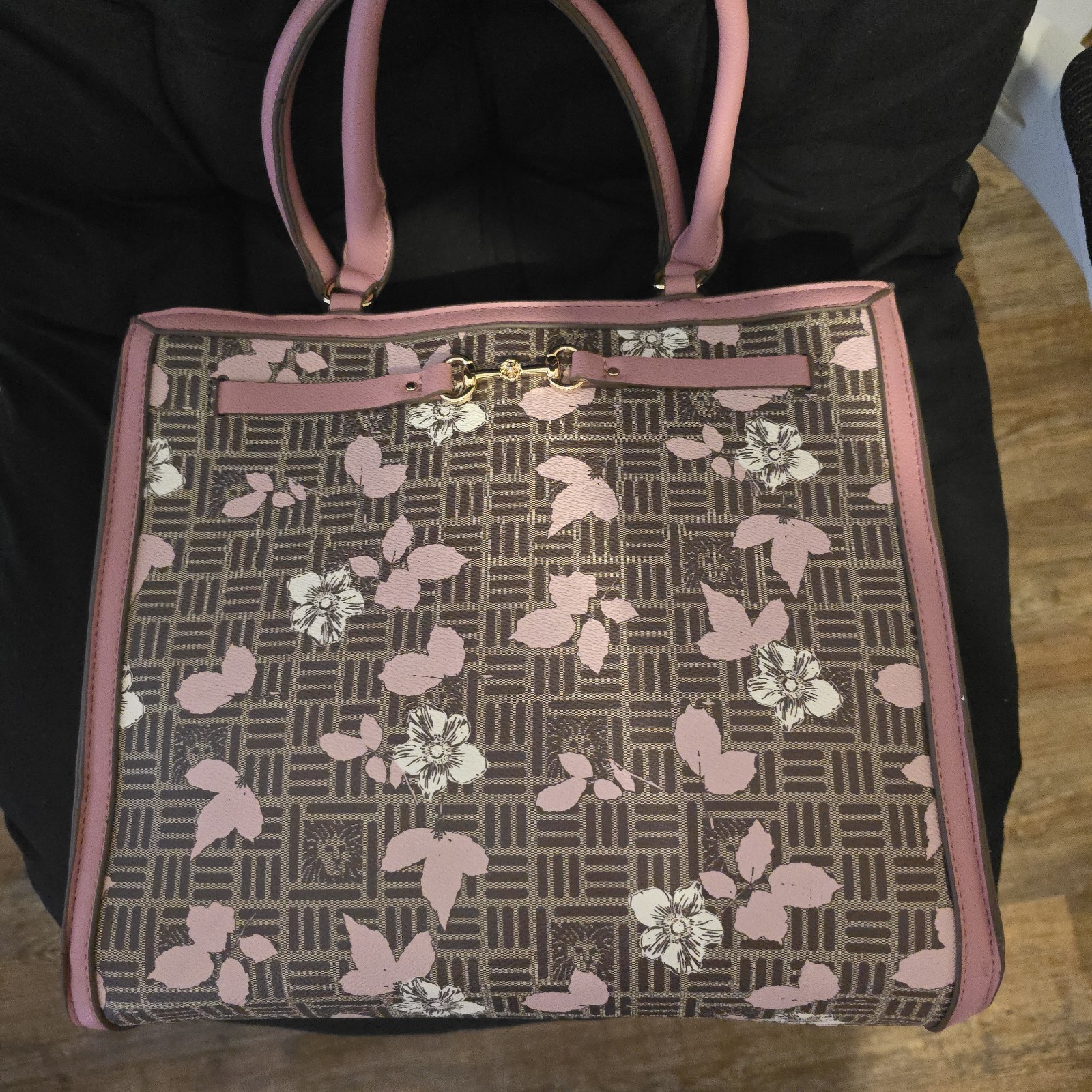 Anne Klein Pink & Brown Floral Medium Tote Zip, Detachable Strap Gold Hardware
