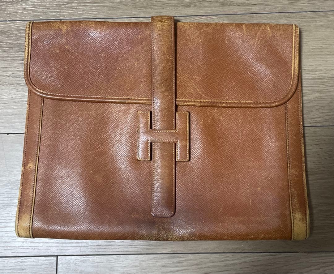 Hermes Jige PM Clutch Bag Brown Leather Unisex Large Pouch Bag 13.4×10.6×0.8in