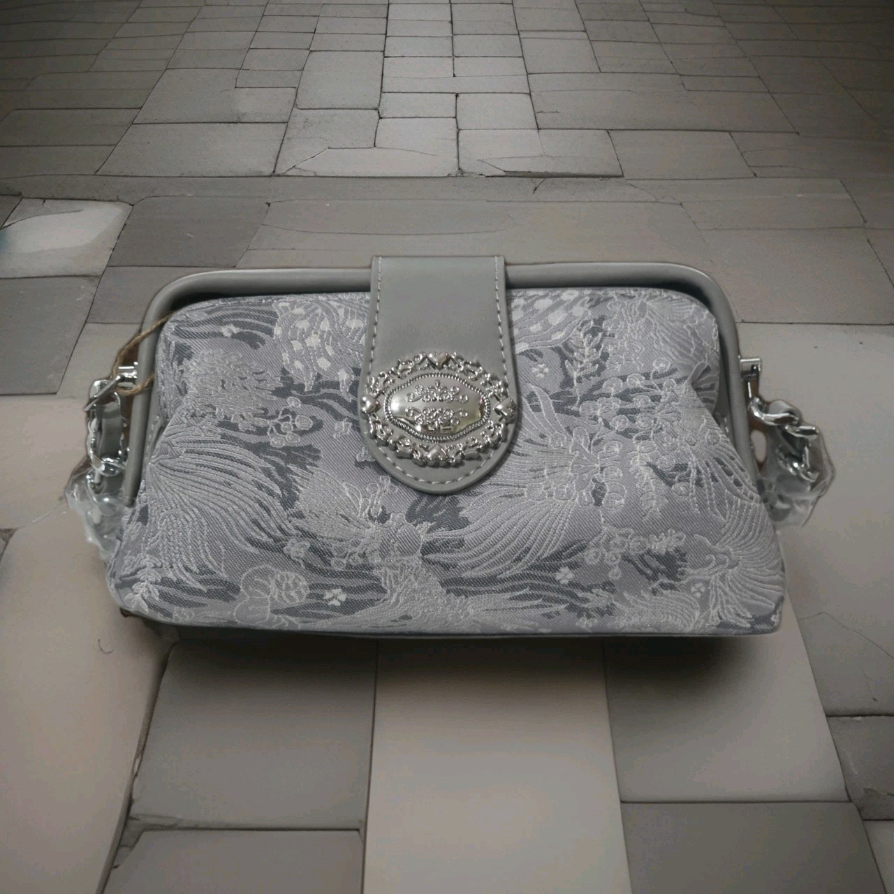 Blue-Gray Jacquard Small Clutch W Chain/Shoulder Purse Grand Metal Accent NWT