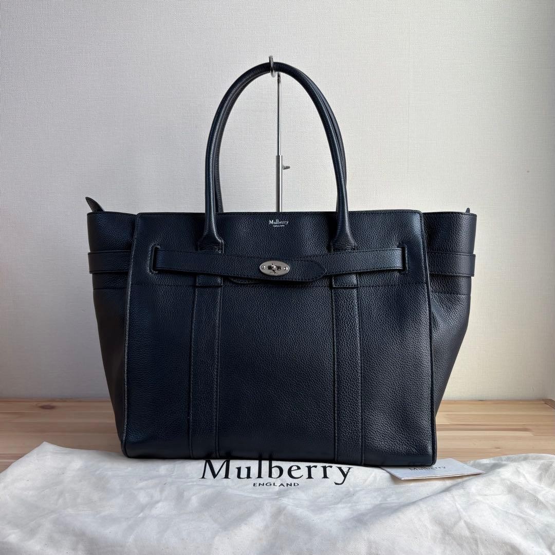 MULBERRY Bayswater Navy Leather Tote Bag Dust Bag Turn Lock Vintage Auth