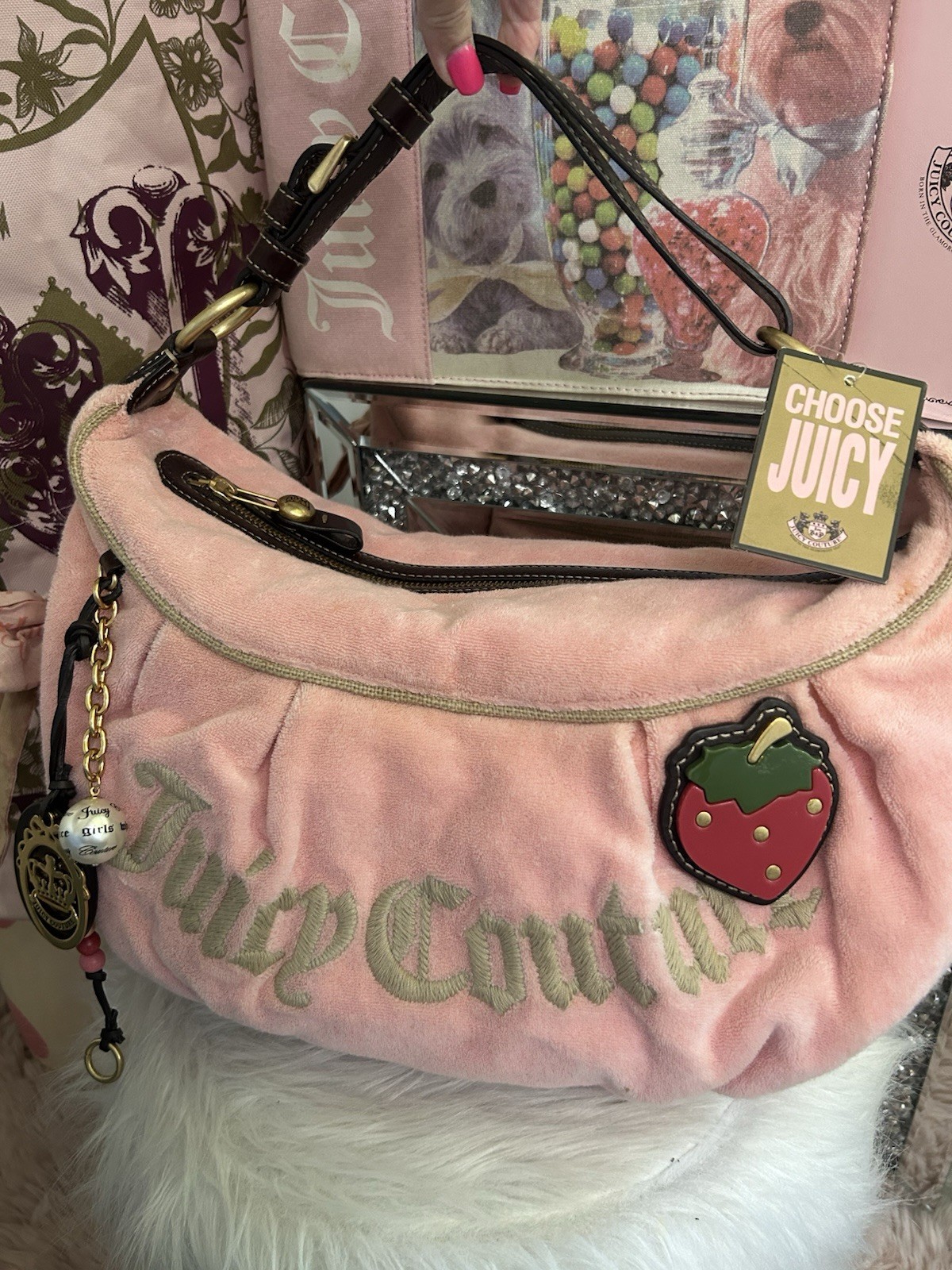 Vintage NWT Juicy Couture Pink Terry Strawberry Fields Large Hobo And Dust Bag
