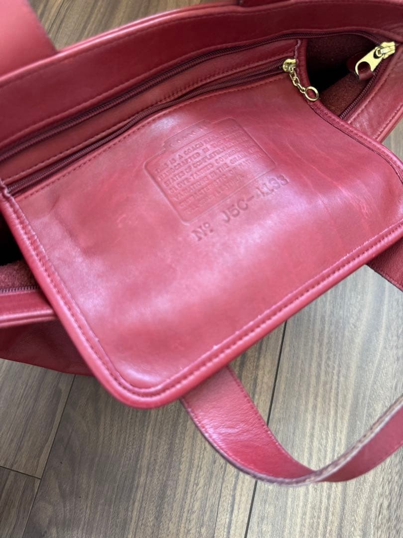 COACH Tote Bag Red Color Leather 4133 Model Width 13.4 In Fabric Lining Vintage