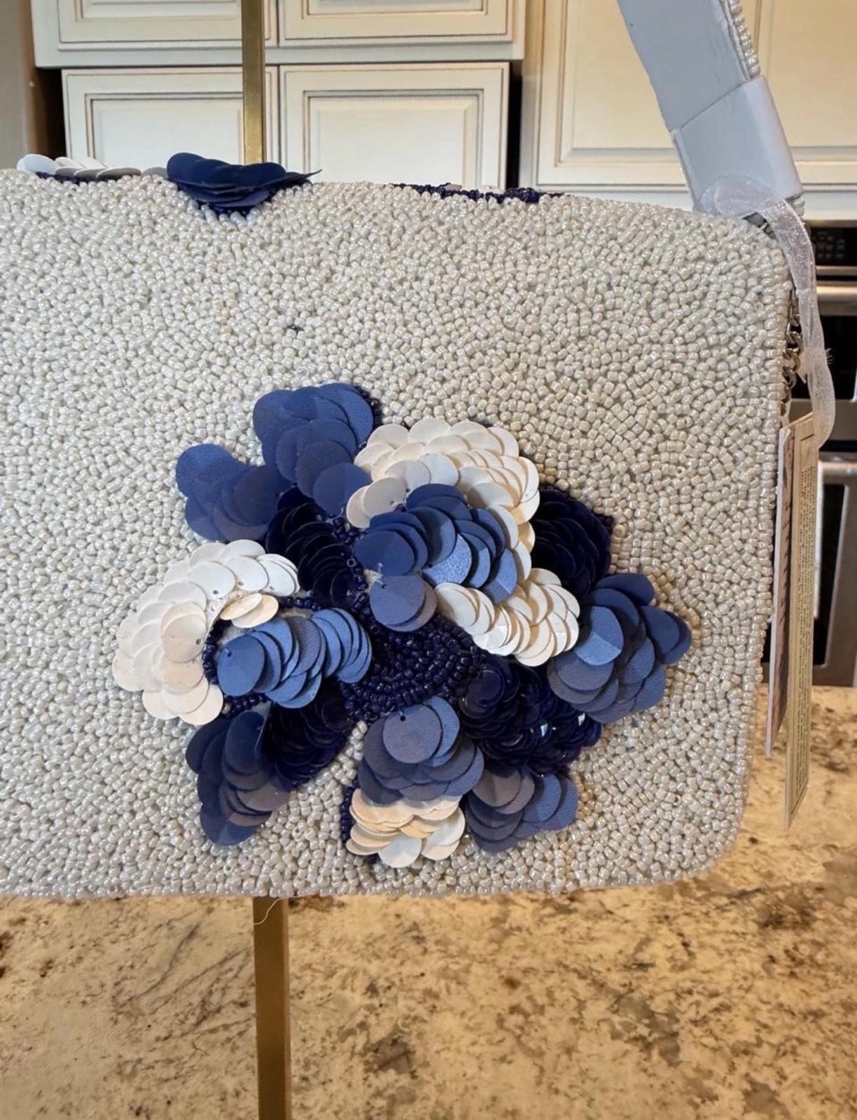 Viral Blue/White Beaded Sequin Floral Shoulder Bag w/ Charm