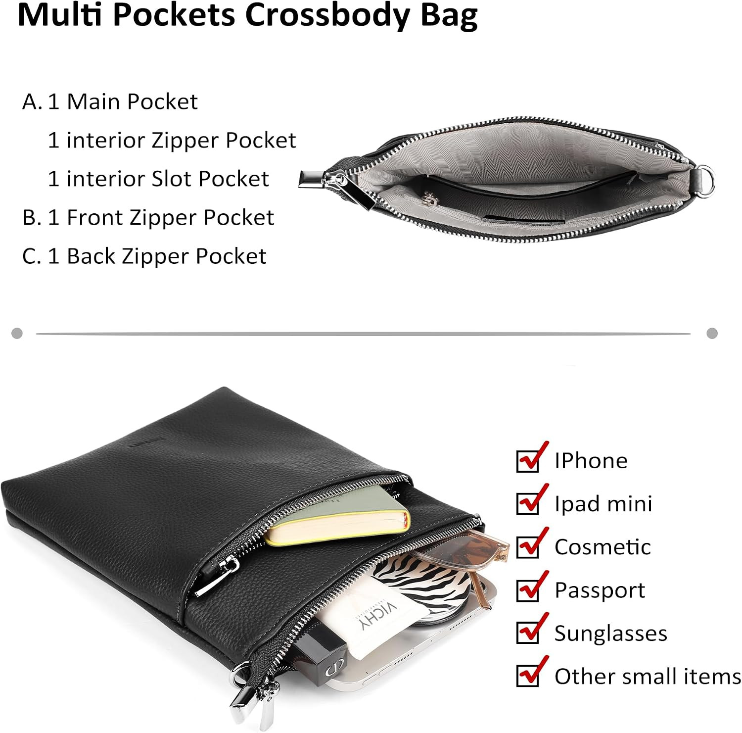 Genuine Leather Crossbody Purses for Women Travel Cross Body Bags Lightweight wi