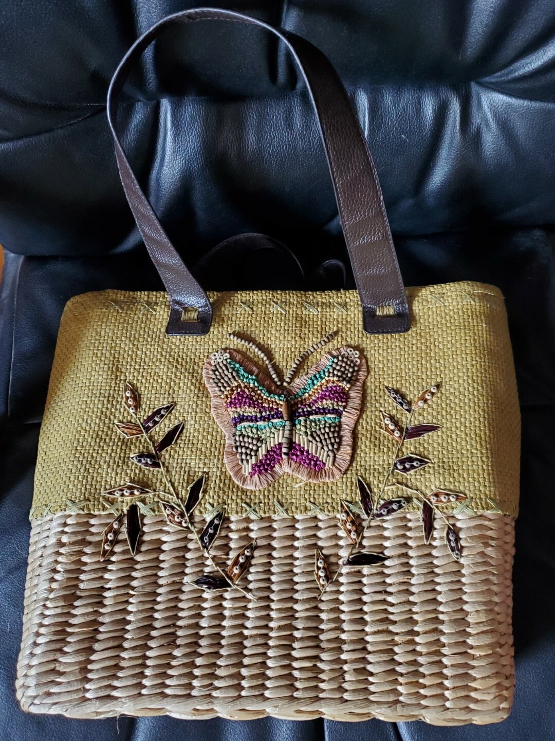 Vintage wicker straw bucket tote bag with beaded butterfly