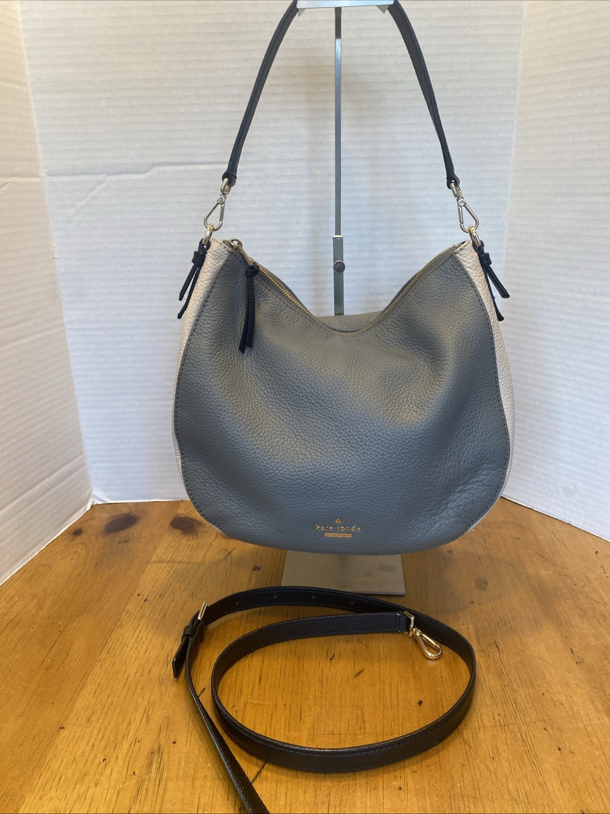 Kate Spade Tricolor Large Leather Shoulder Bag Gray & Beige w Two Straps