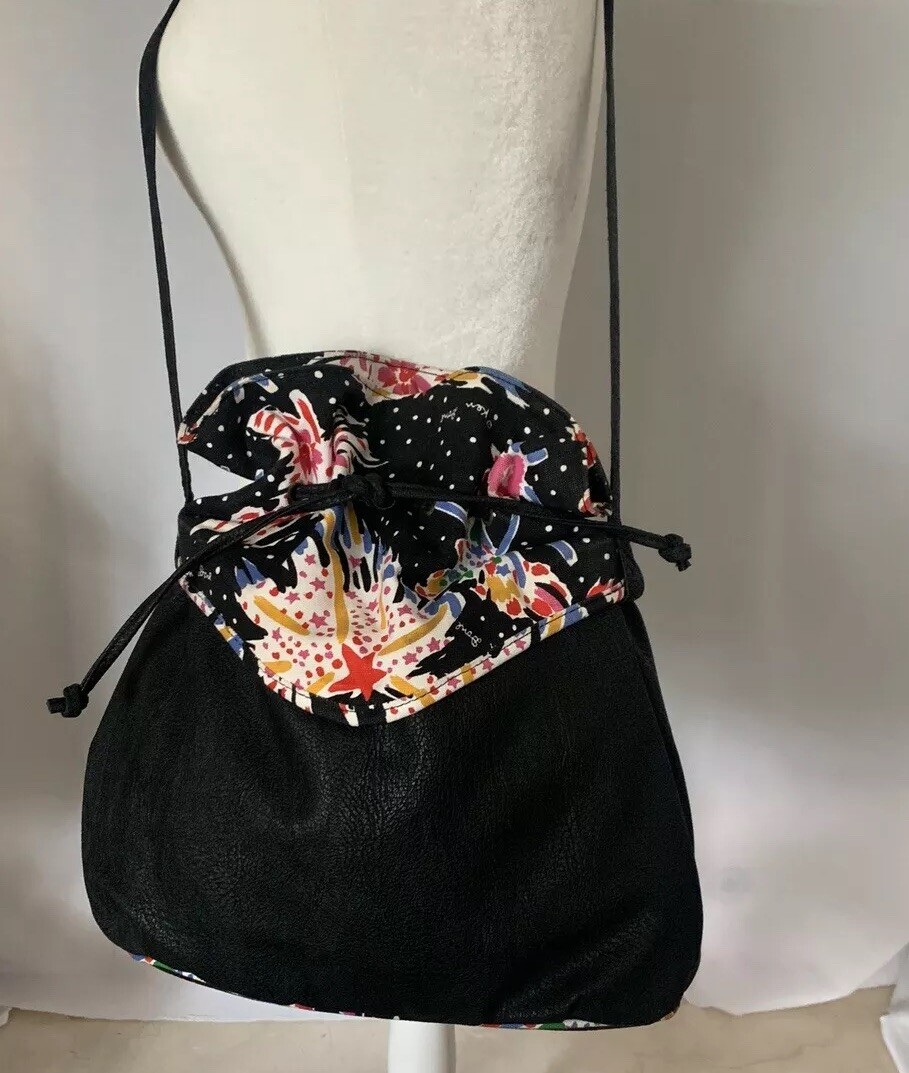 KEN DONE Vintage Medium Drawstring Bucket Bag Floral Canvas Print Shoulder Bag