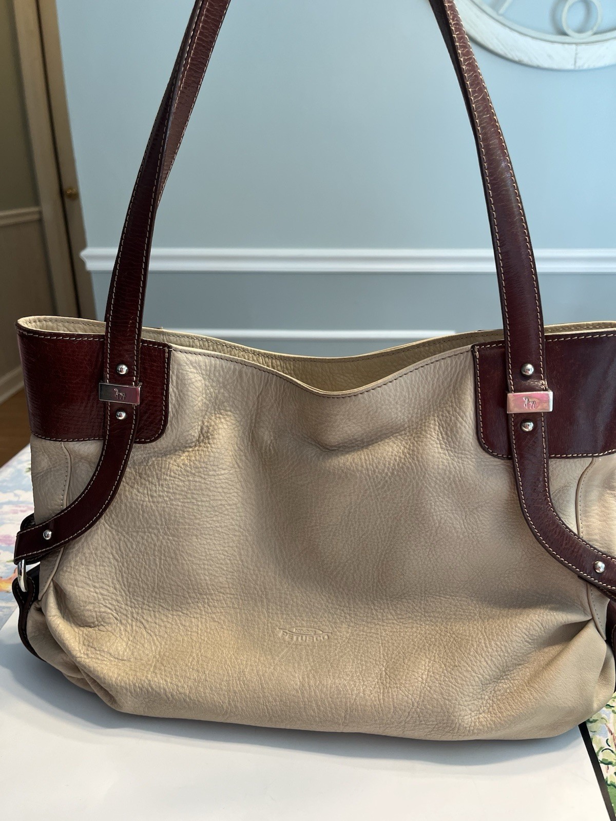 PETUSCO Shoulder Bag Leather Ivory/Brown Horse Logo Silver Hdwre Made in Spain