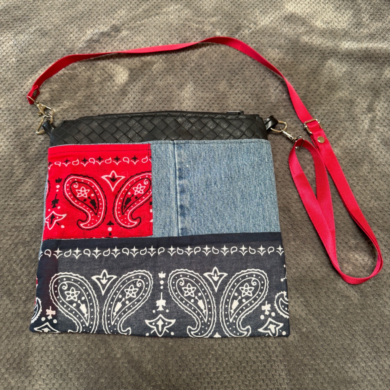 Handmade Patchwork Denim Bandana Crossbody Bag Red Navy Paisley Boho Upcycled