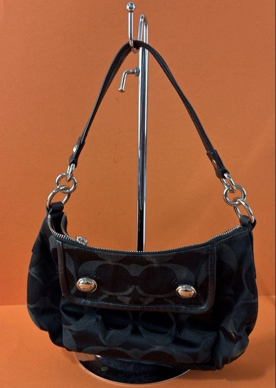 Coach Poppy Signature Satin Groovy Shoulder Bag Zip Silver Hardware w/Red Lining