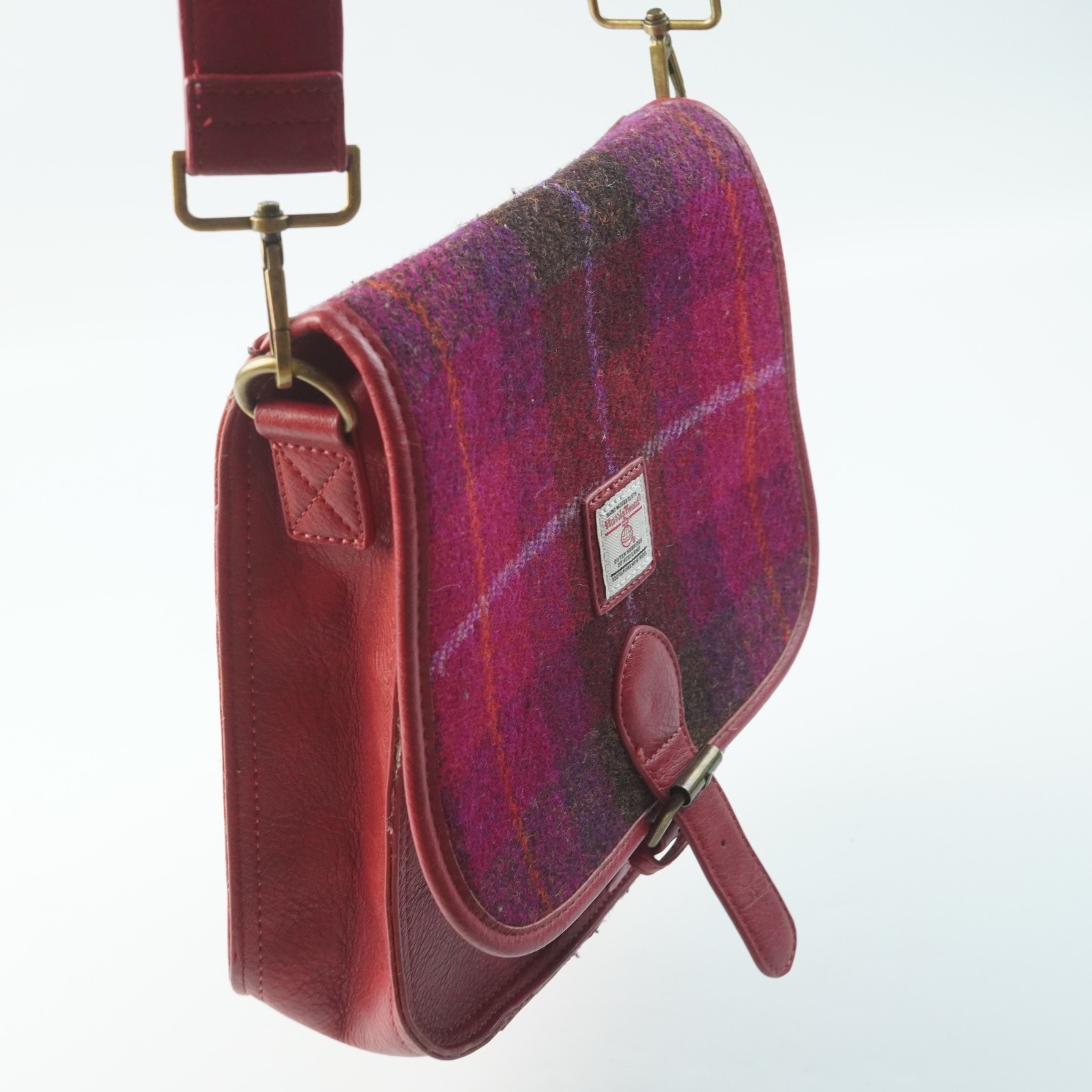 Islander Harris Tweed Saddle Bag Crossbody Fuchsia Red Plaid Tartan Wool Purse