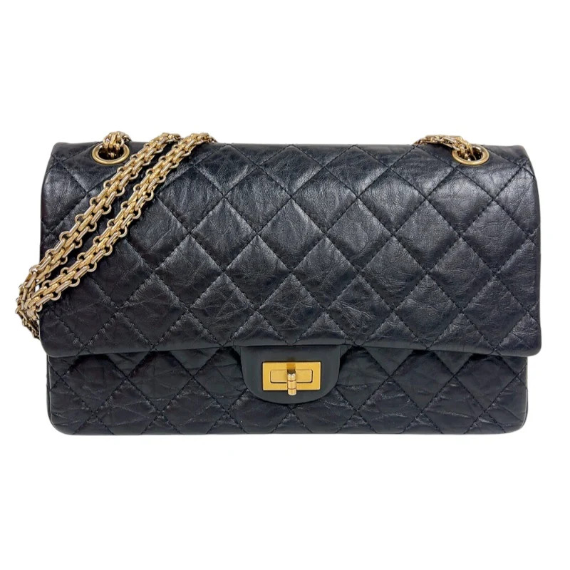 CHANEL 2.55 Large Flap Bag Black Calfskin Shoulder Bag A37587 #OKB1379