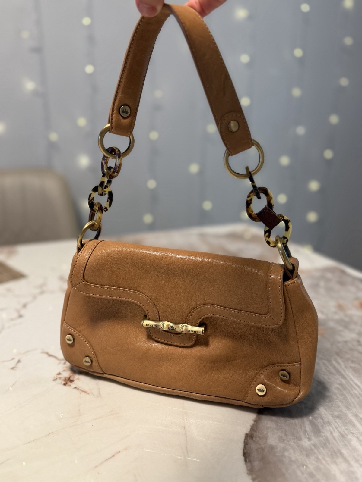Elaine Turner Brown Leather Shoulder Bag Tortoise Chain Gold Hardware
