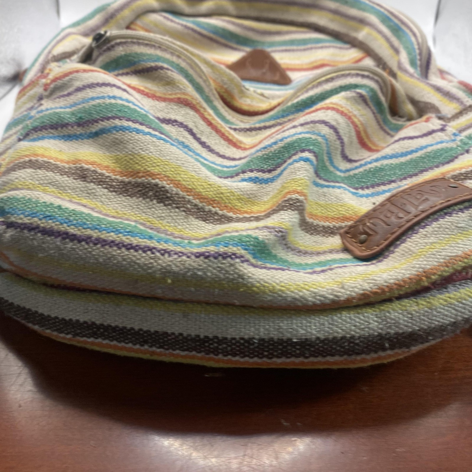 Mad Love Backpack Womens Small Multicolor Striped Cotton Canvas Pink Lining Boho