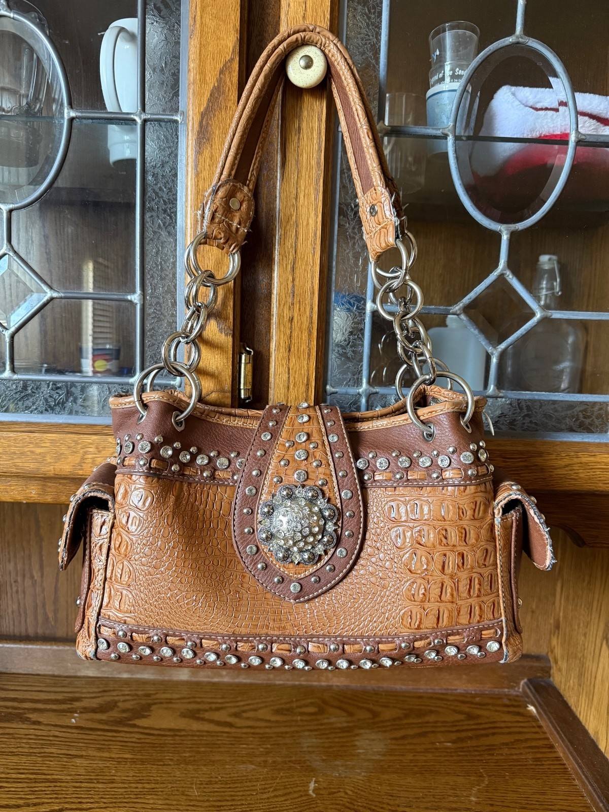 Montana West Bling Western Bag Brown Croc Concho Rhinestone Studded Purse