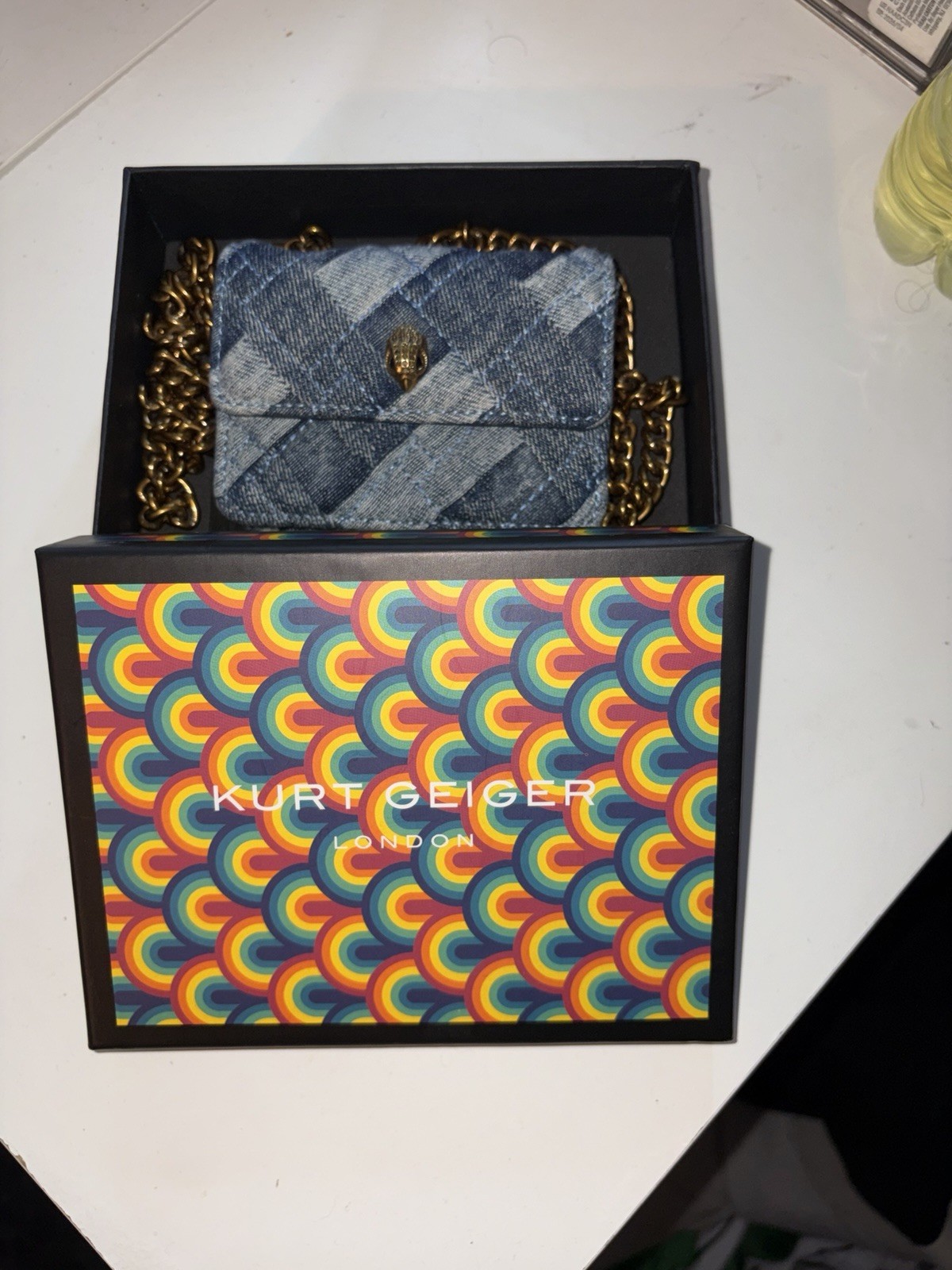 Kurt Geiger London Blue Geometric Shoulder Bag Gold Chain Strap w/ Box
