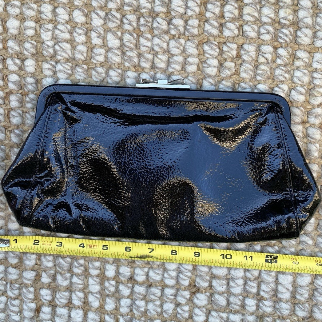 Furla Black Patent Finish Clutch Kiss Lock Silver Hardware Pink Lined Pockets