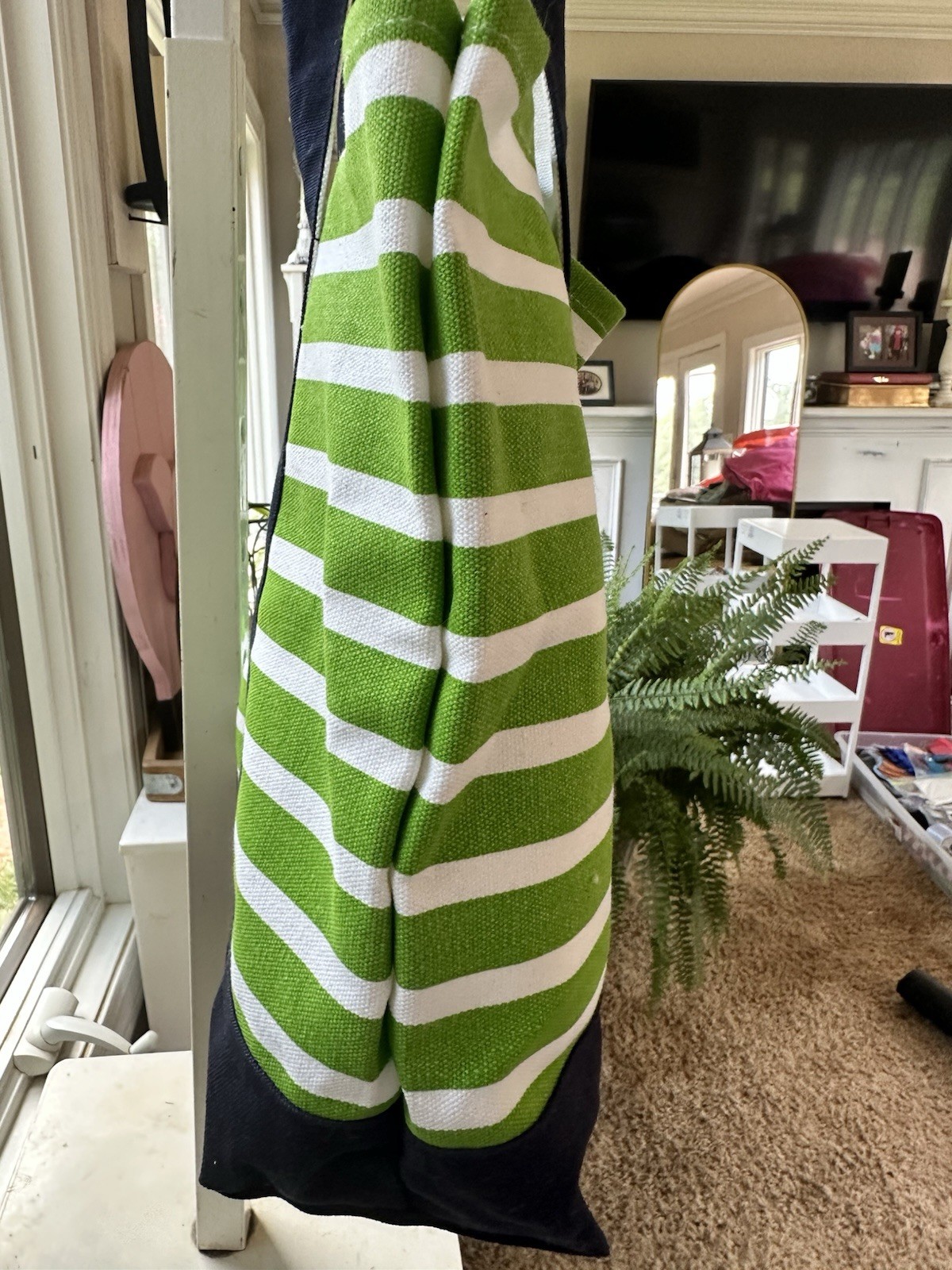 Green & White Striped Open-Top Tote Bag, Navy Double Handles, Embroidered Whale